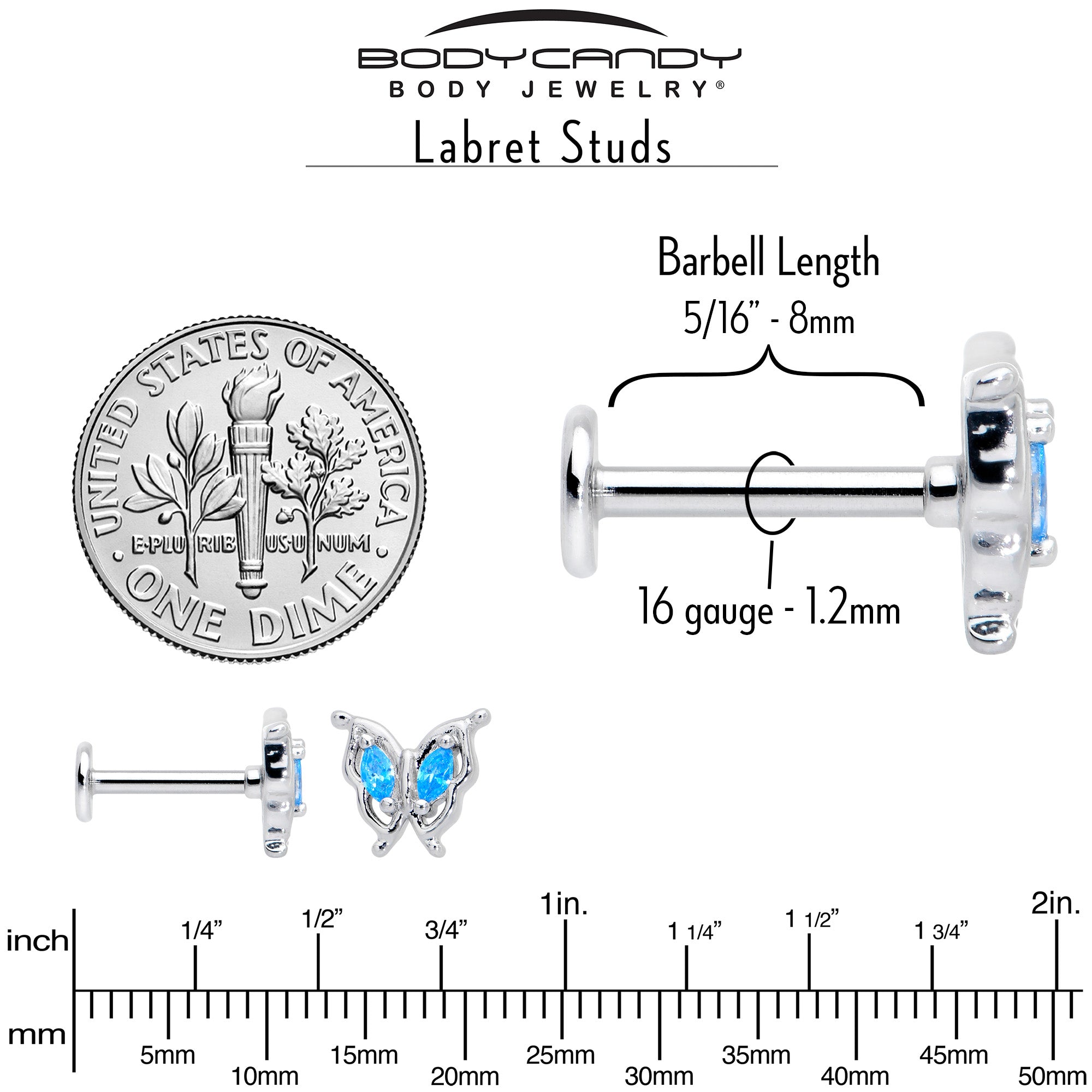 16G 5/16 Blue Gem Fancy Fab Butterfly Internally Threaded Labret