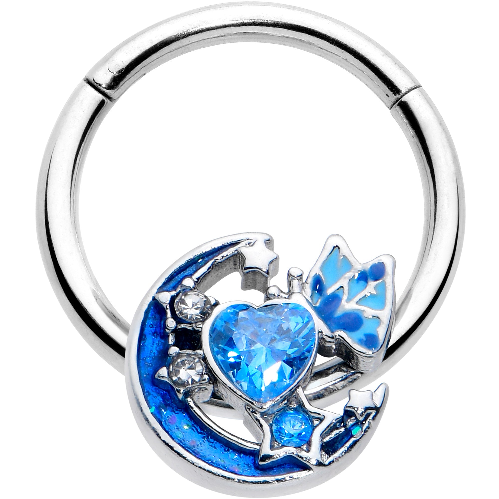 16G 3/8 Blue CZ Gem Butterfly Love Heart Hinged Segment Ring