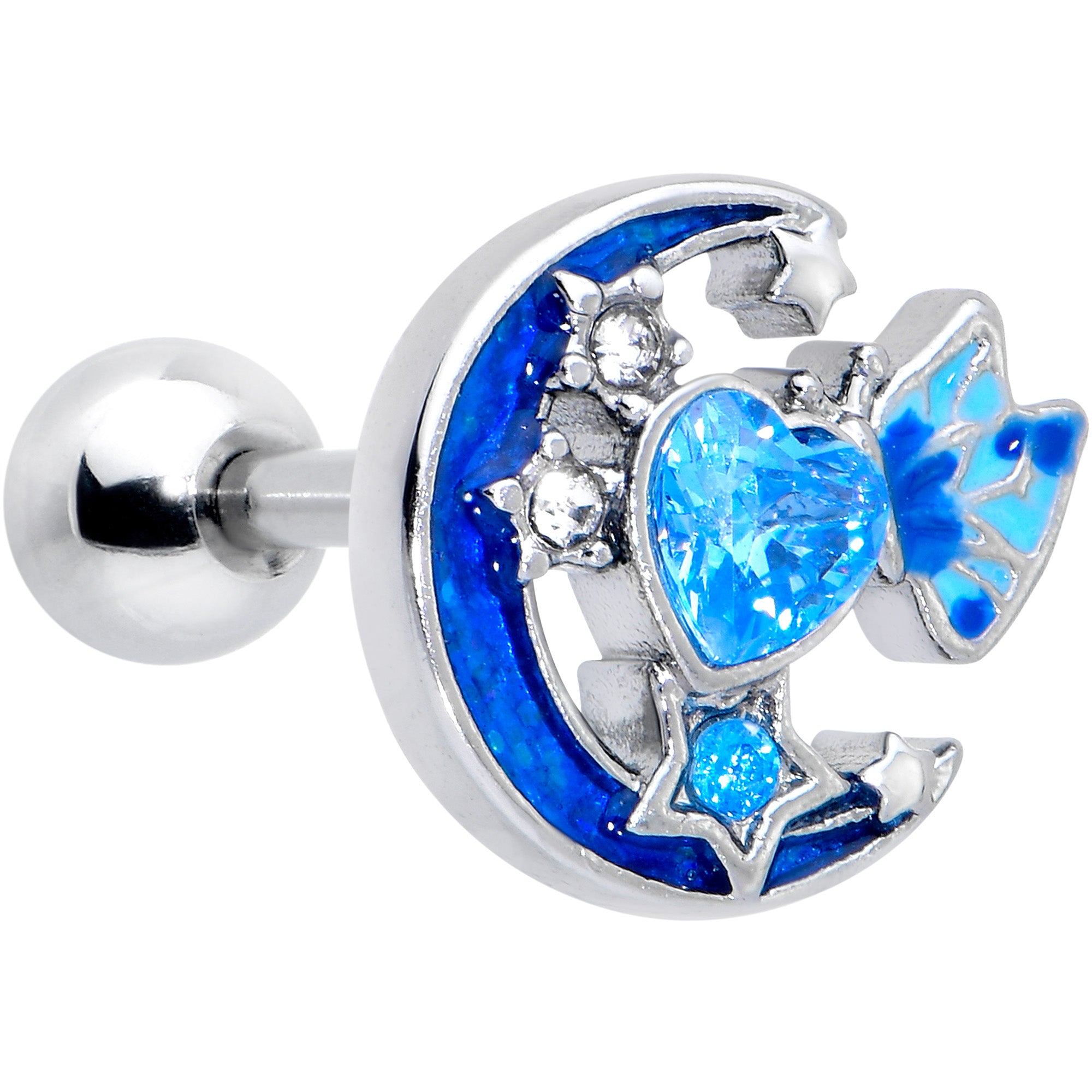 16G 1/4 Blue CZ Gem Butterfly Love Heart Cartilage Tragus Earring