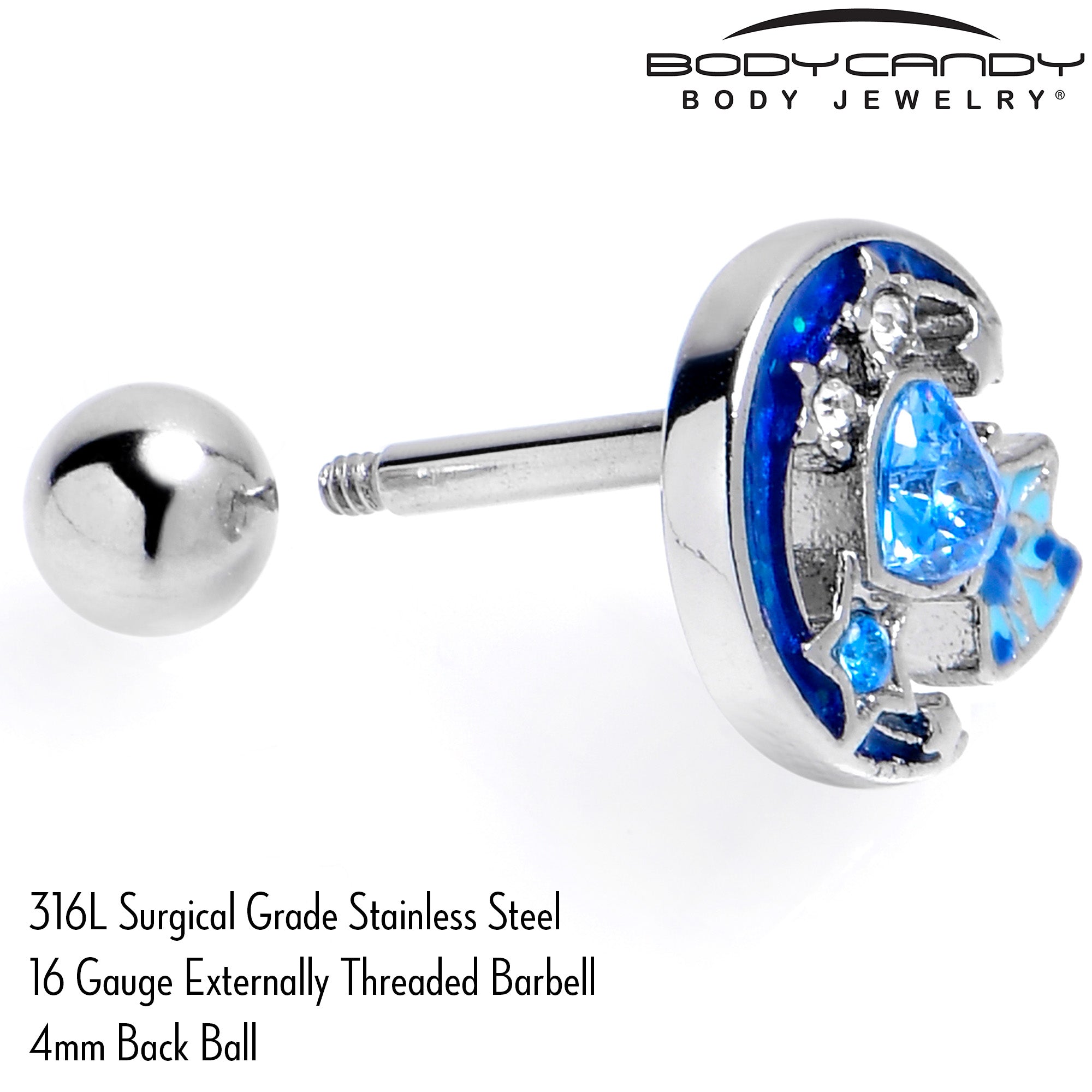 16G 1/4 Blue CZ Gem Butterfly Love Heart Cartilage Tragus Earring