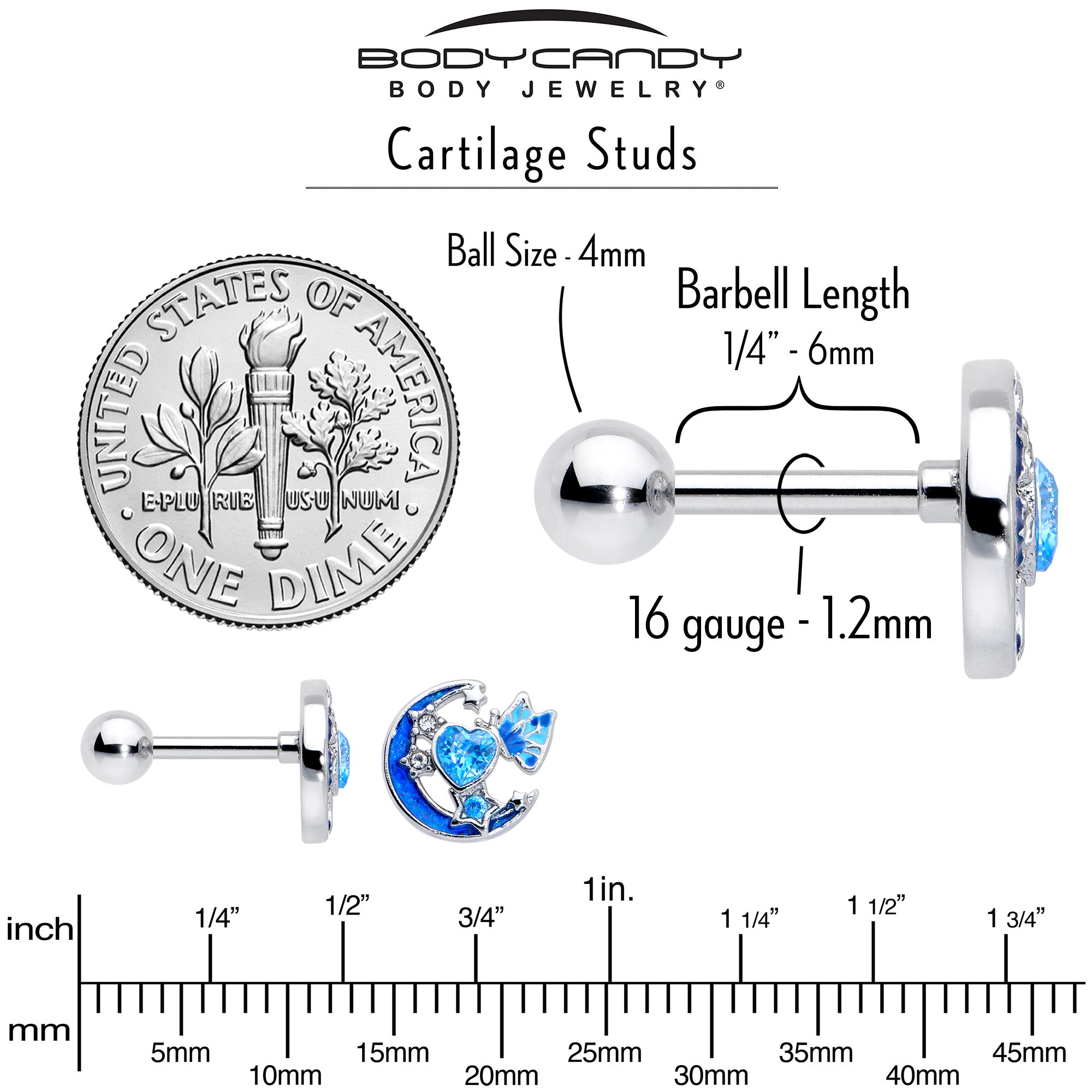 16G 1/4 Blue CZ Gem Butterfly Love Heart Cartilage Tragus Earring