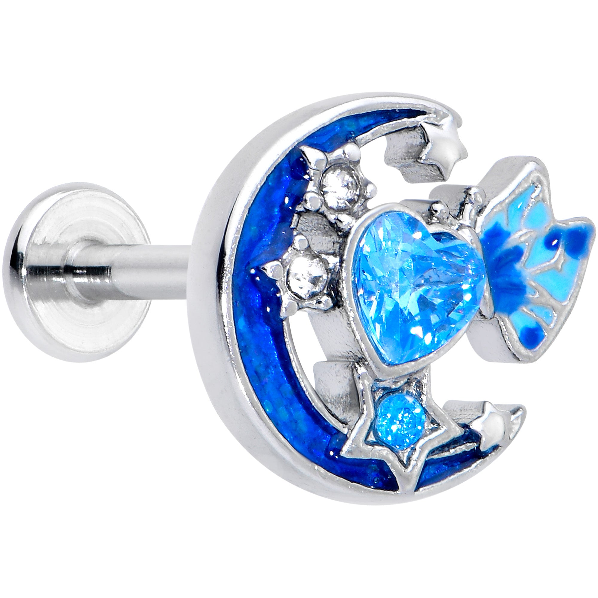 16G 5/16 Blue CZ Gem Butterfly Love Heart Labret Monroe Tragus