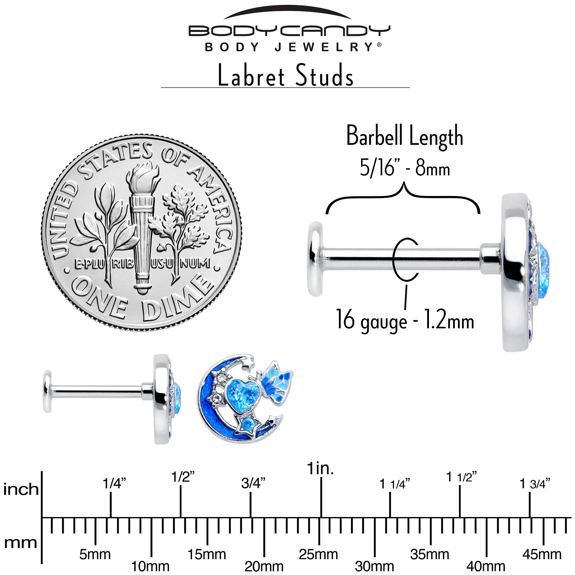 16G 5/16 Blue CZ Gem Butterfly Love Heart Labret Monroe Tragus