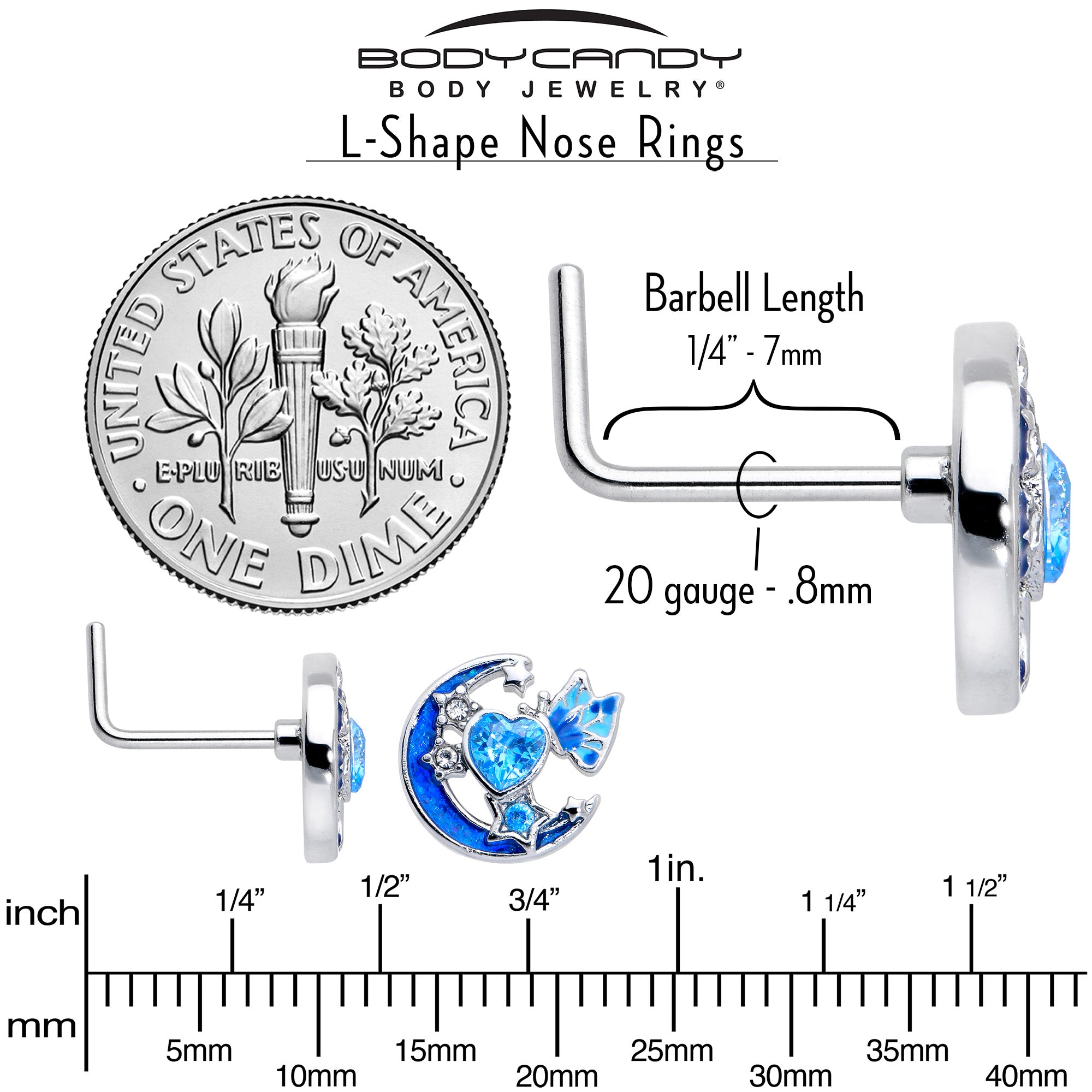 20G 7mm Blue CZ Gem Moon Butterfly Love Heart L Shape Nose Ring