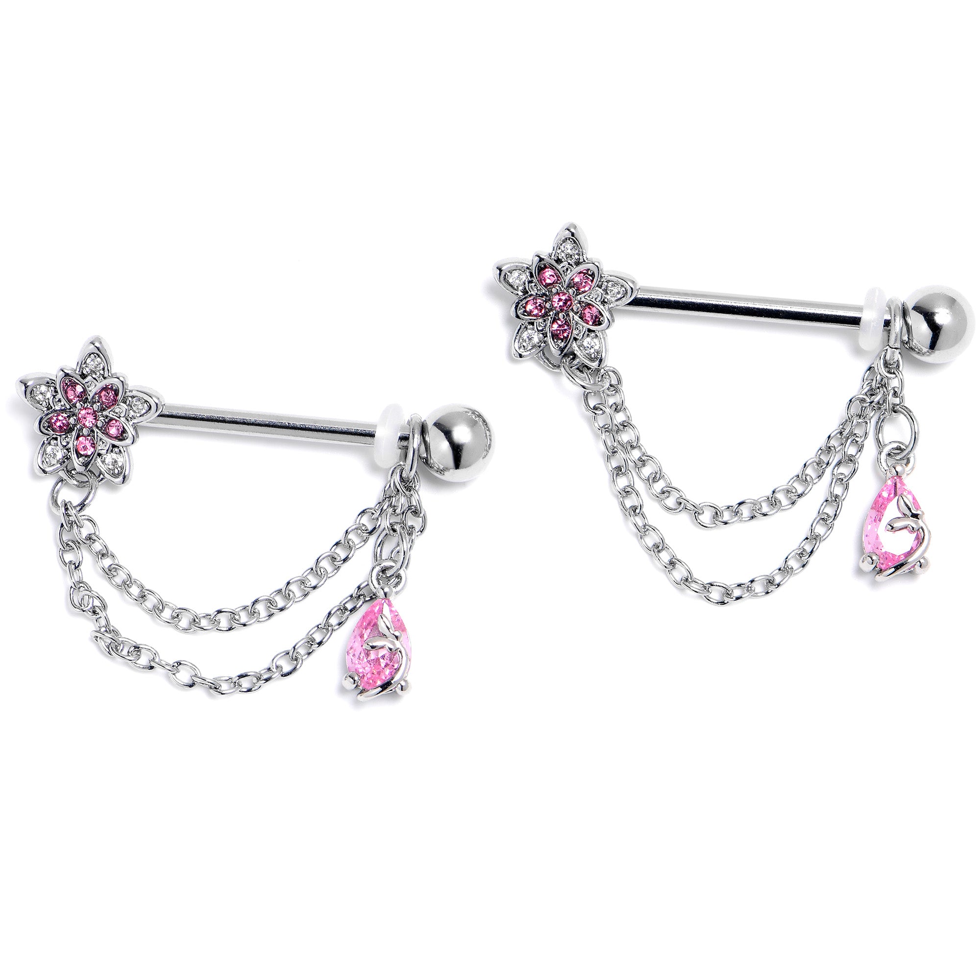 14G 9/16 Pink CZ Gem Snowflake Flower Chain Dangle Nipple Ring Set