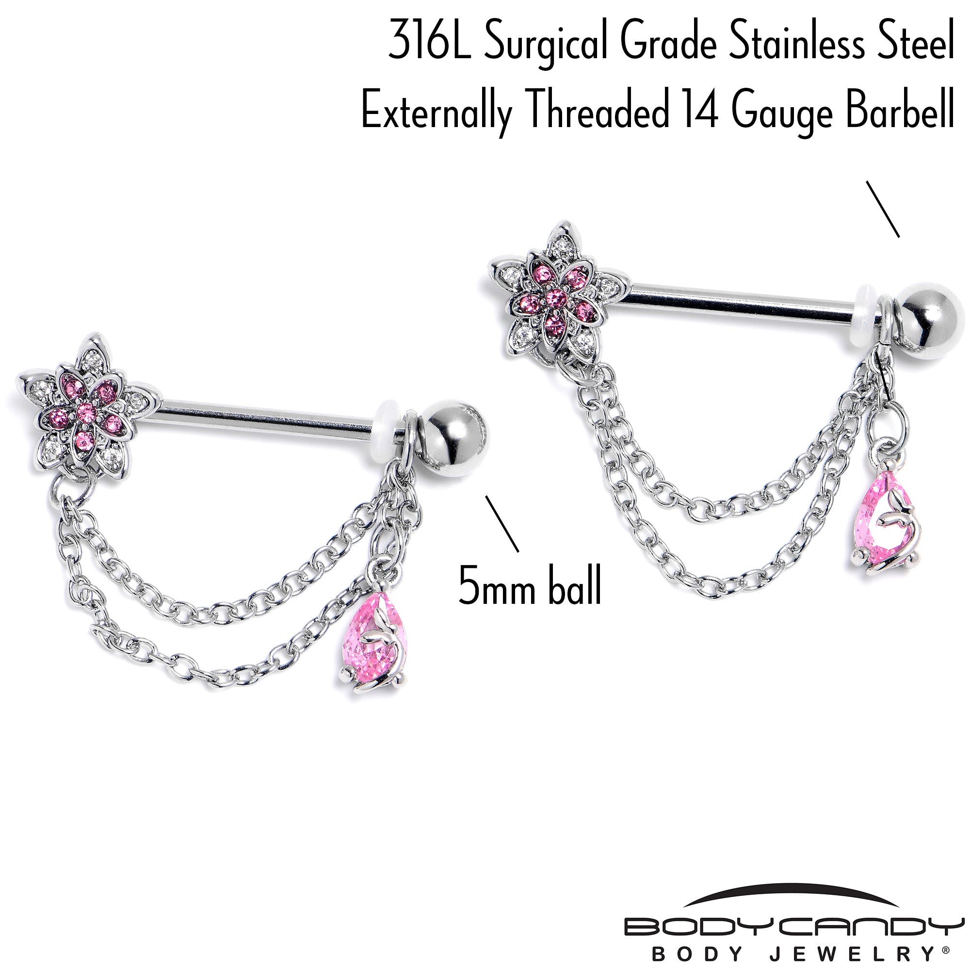 14G 9/16 Pink CZ Gem Snowflake Flower Chain Dangle Nipple Ring Set