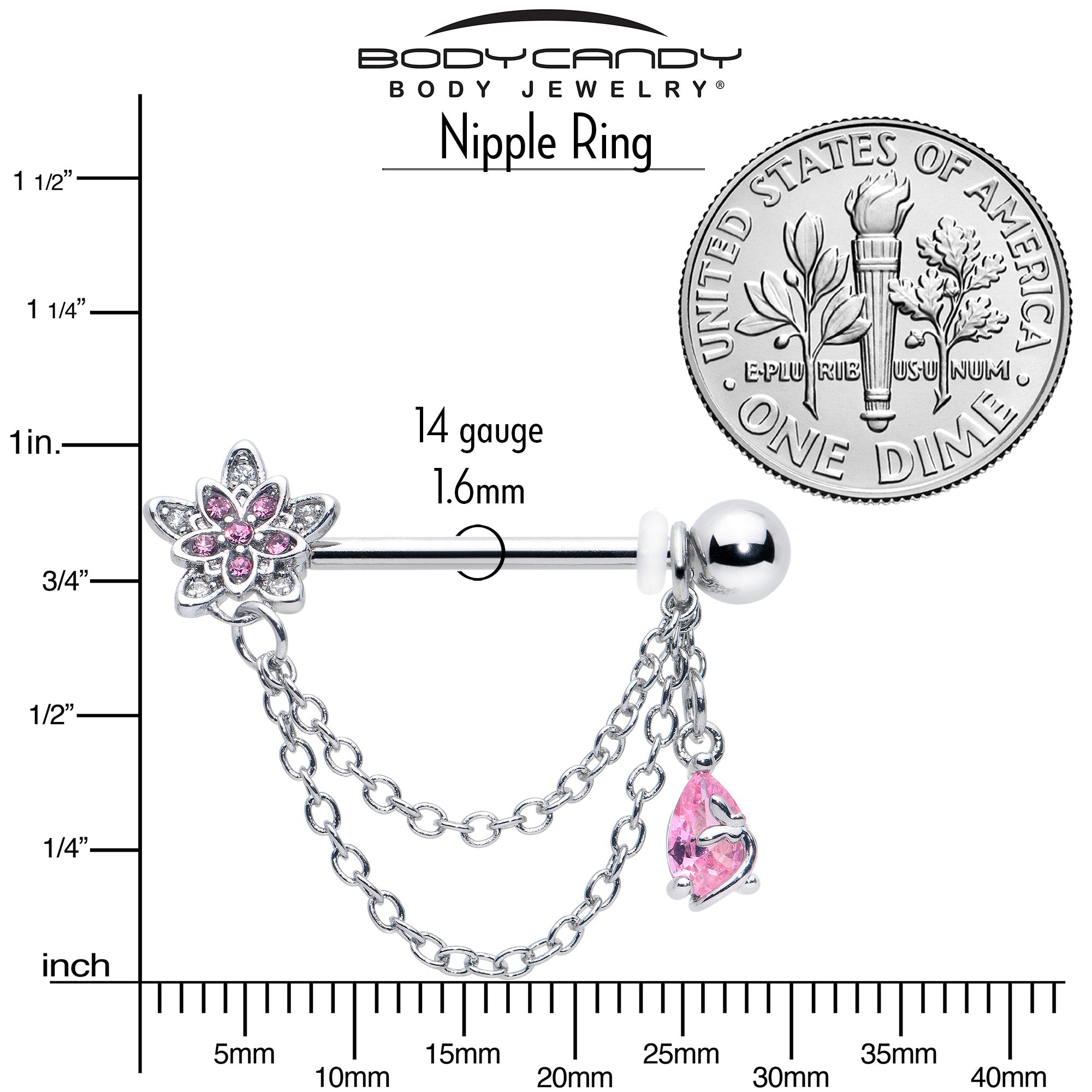 14G 9/16 Pink CZ Gem Snowflake Flower Chain Dangle Nipple Ring Set