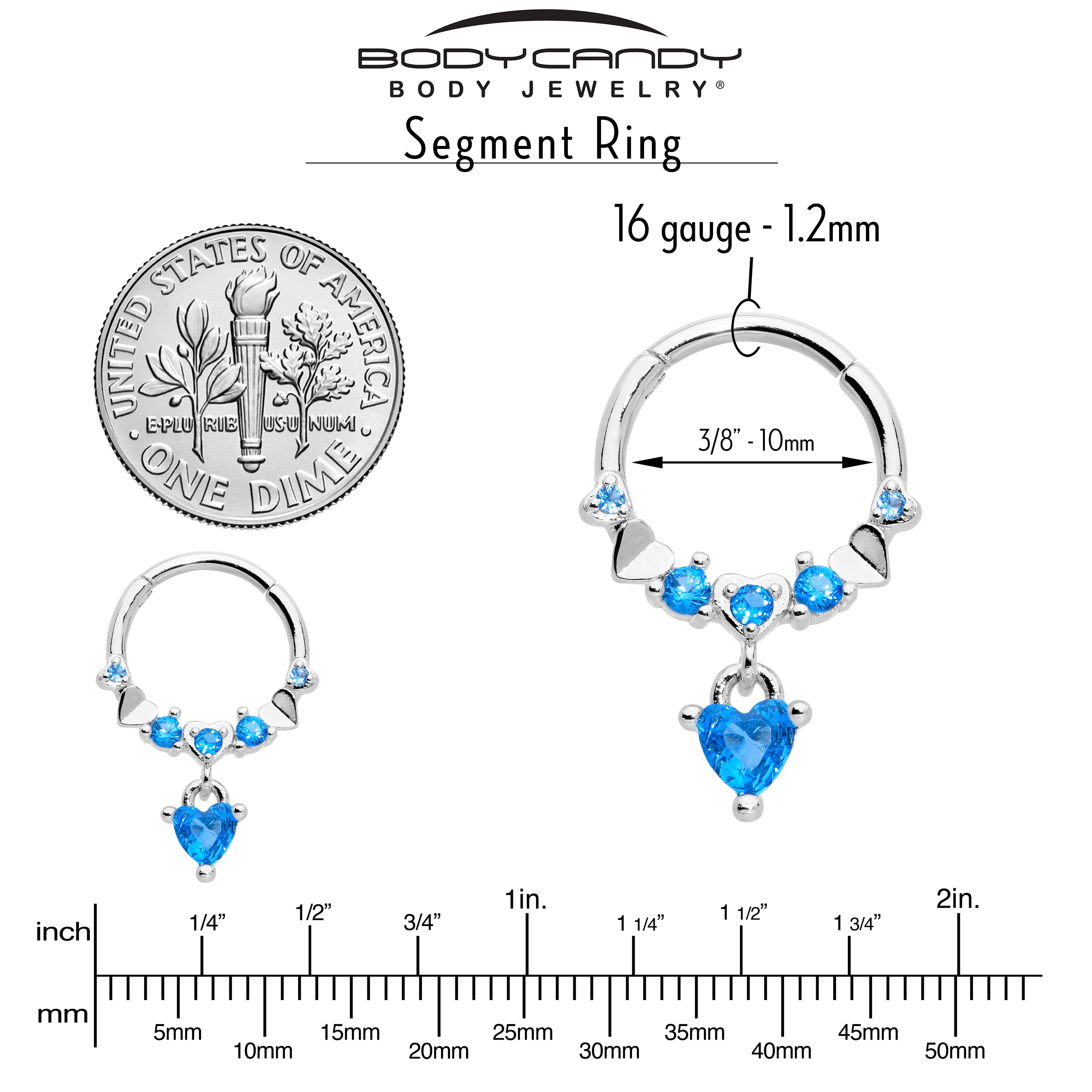 16G 3/8 Aqua CZ Gem Love Heart Dangle Hinged Segment Ring