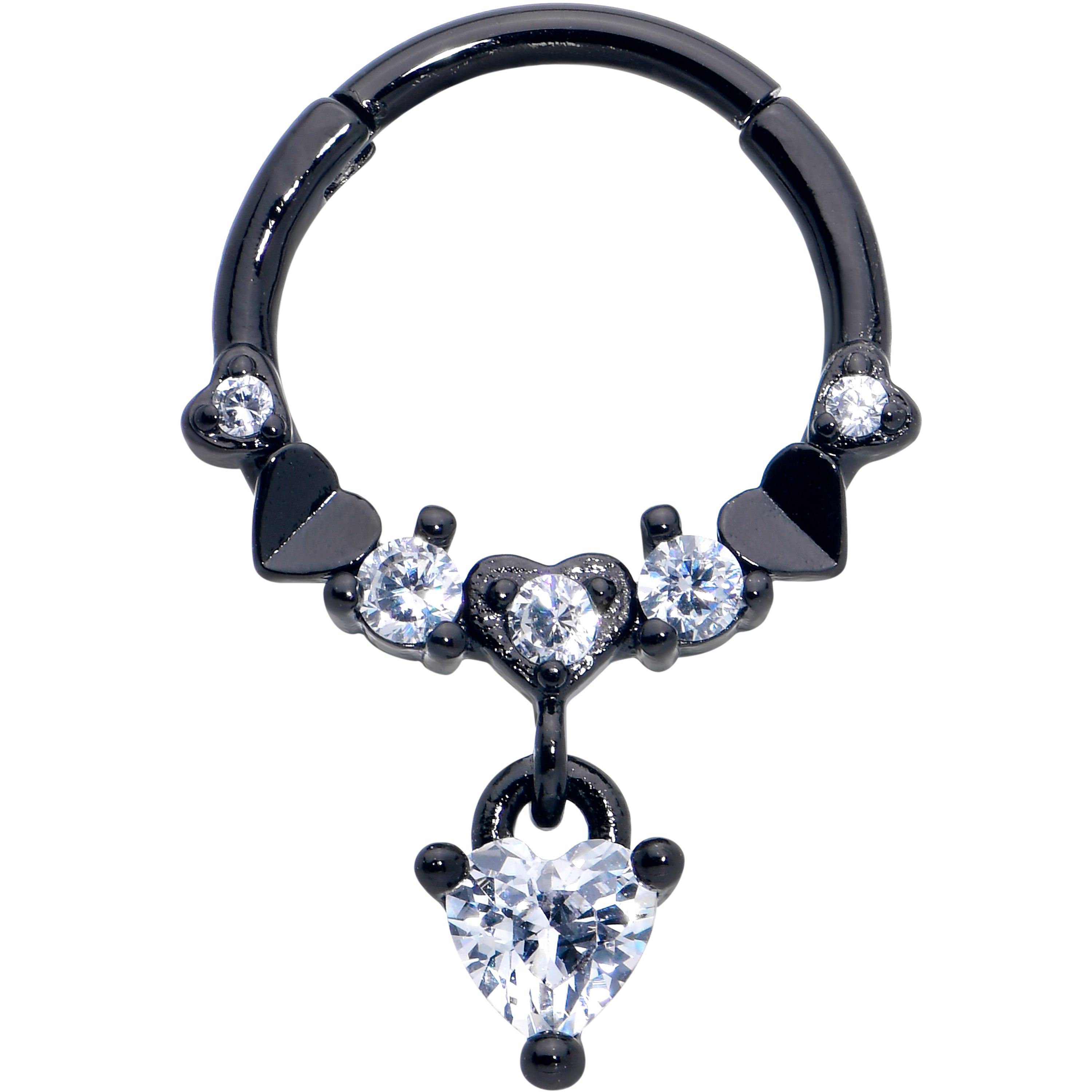 16G 3/8 Clear CZ Gem Black Love Heart Dangle Hinged Segment Ring
