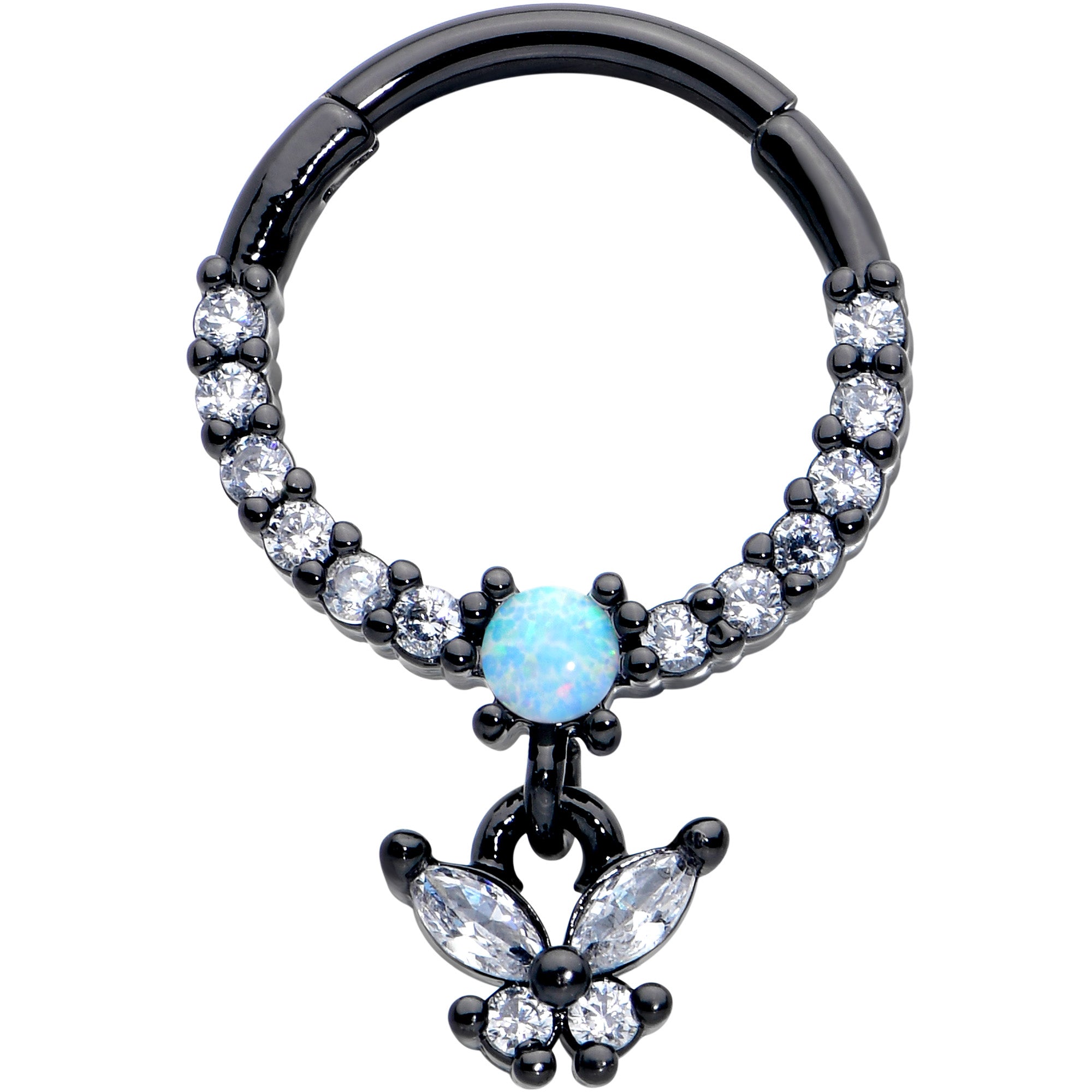 16G 3/8 Blue Synthetic Opal Black Butterfly Hinged Segment Ring