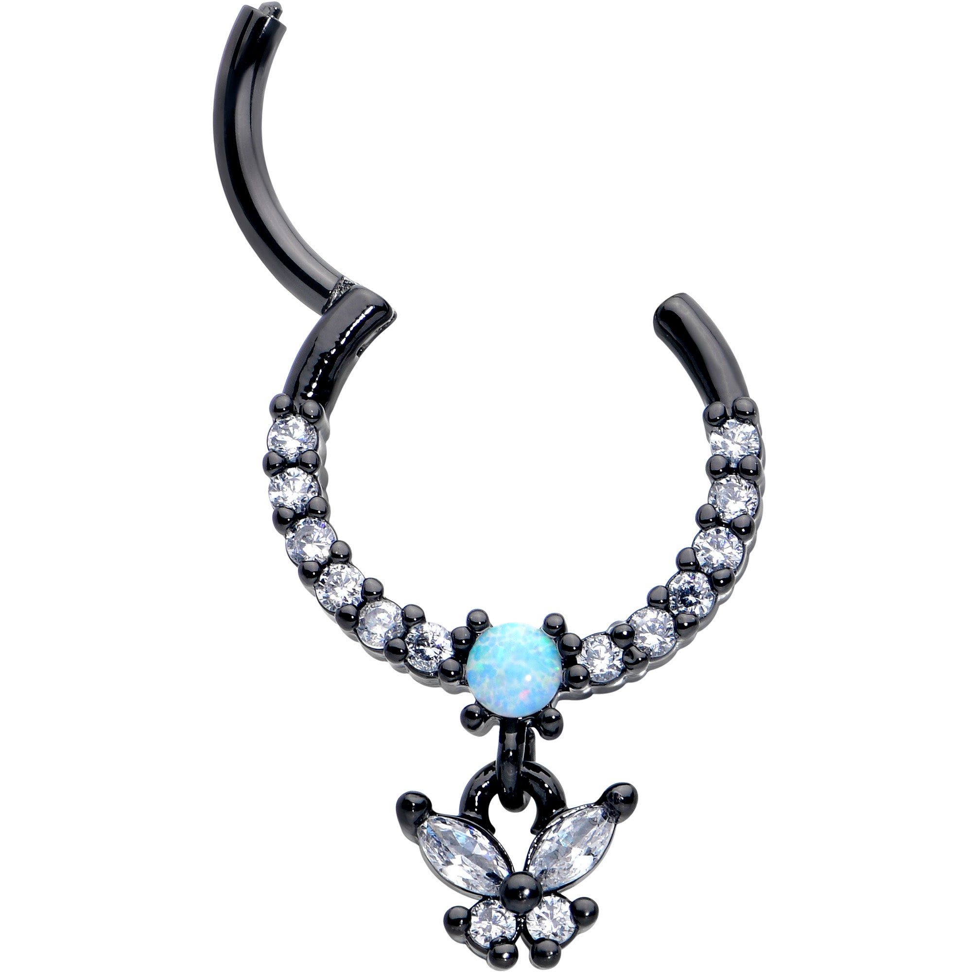 16G 3/8 Blue Synthetic Opal Black Butterfly Hinged Segment Ring