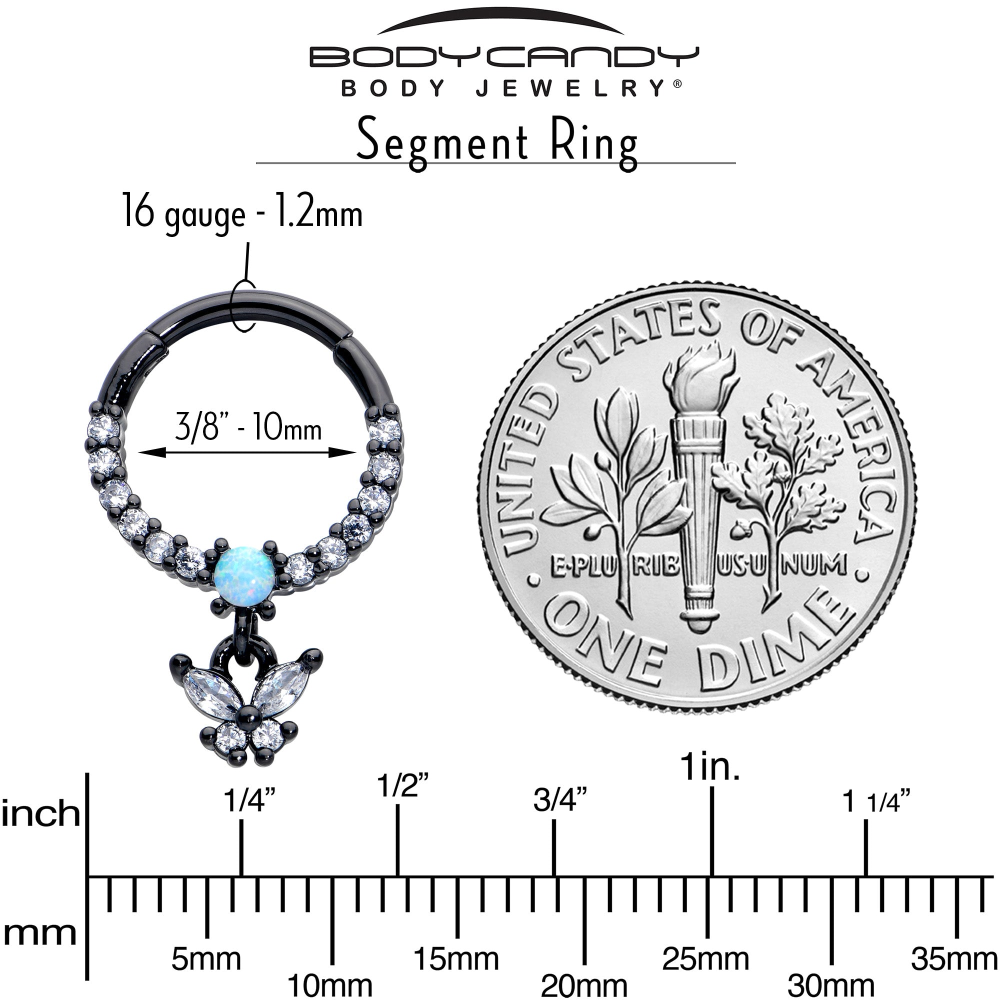 16G 3/8 Blue Synthetic Opal Black Butterfly Hinged Segment Ring