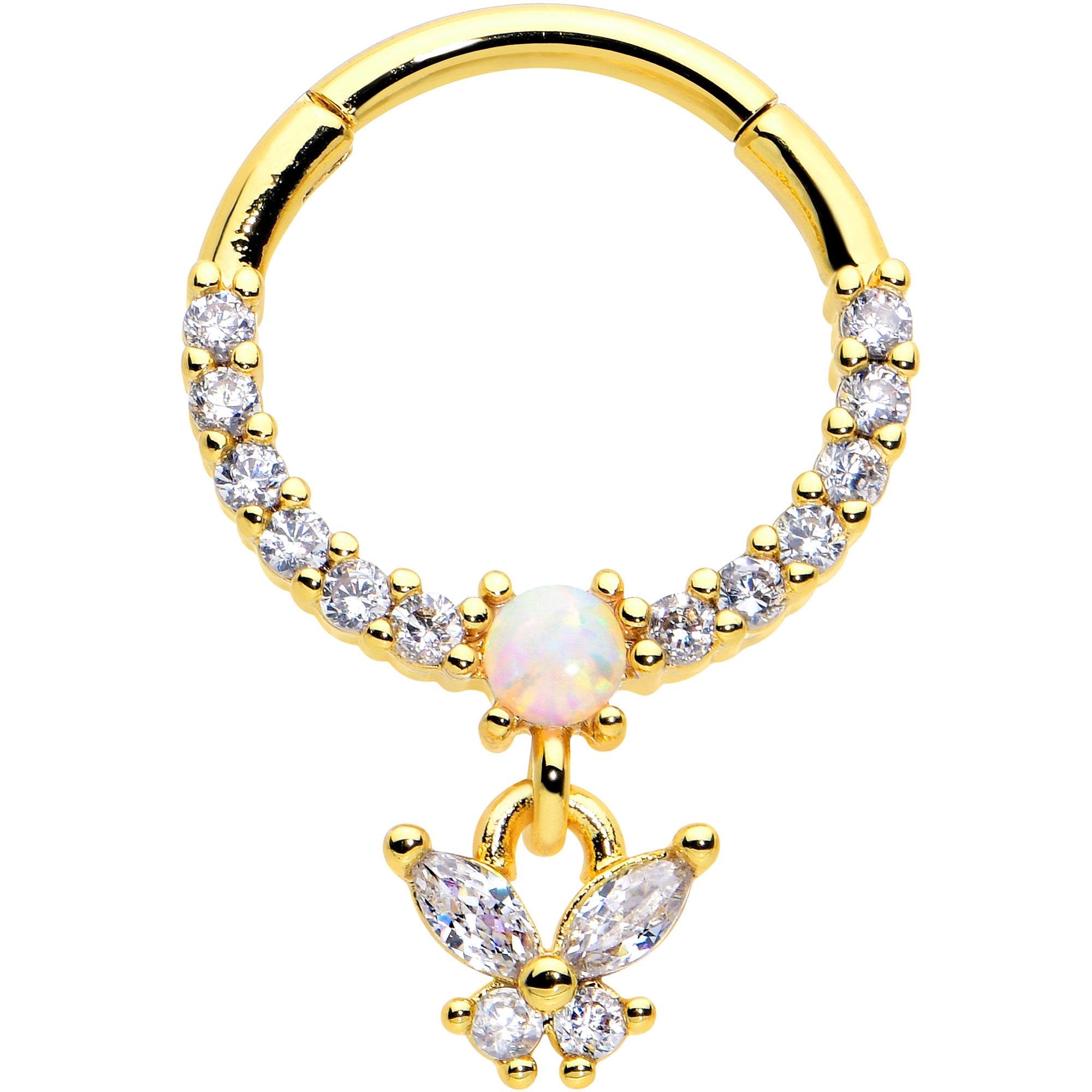 16G 3/8 White Synthetic Opal Gold Tone Butterfly Hinged Segment Ring