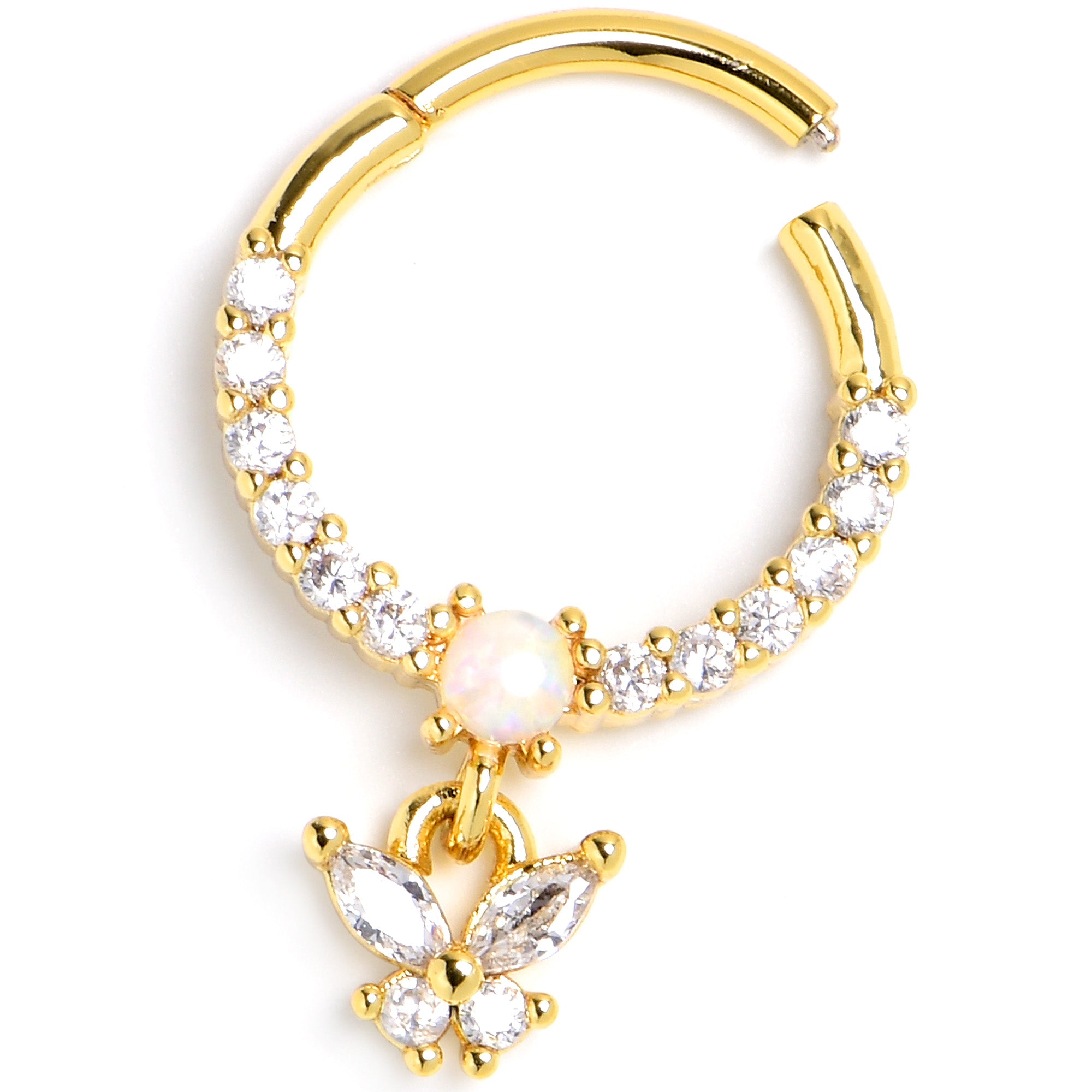 16G 3/8 White Synthetic Opal Gold Tone Butterfly Hinged Segment Ring