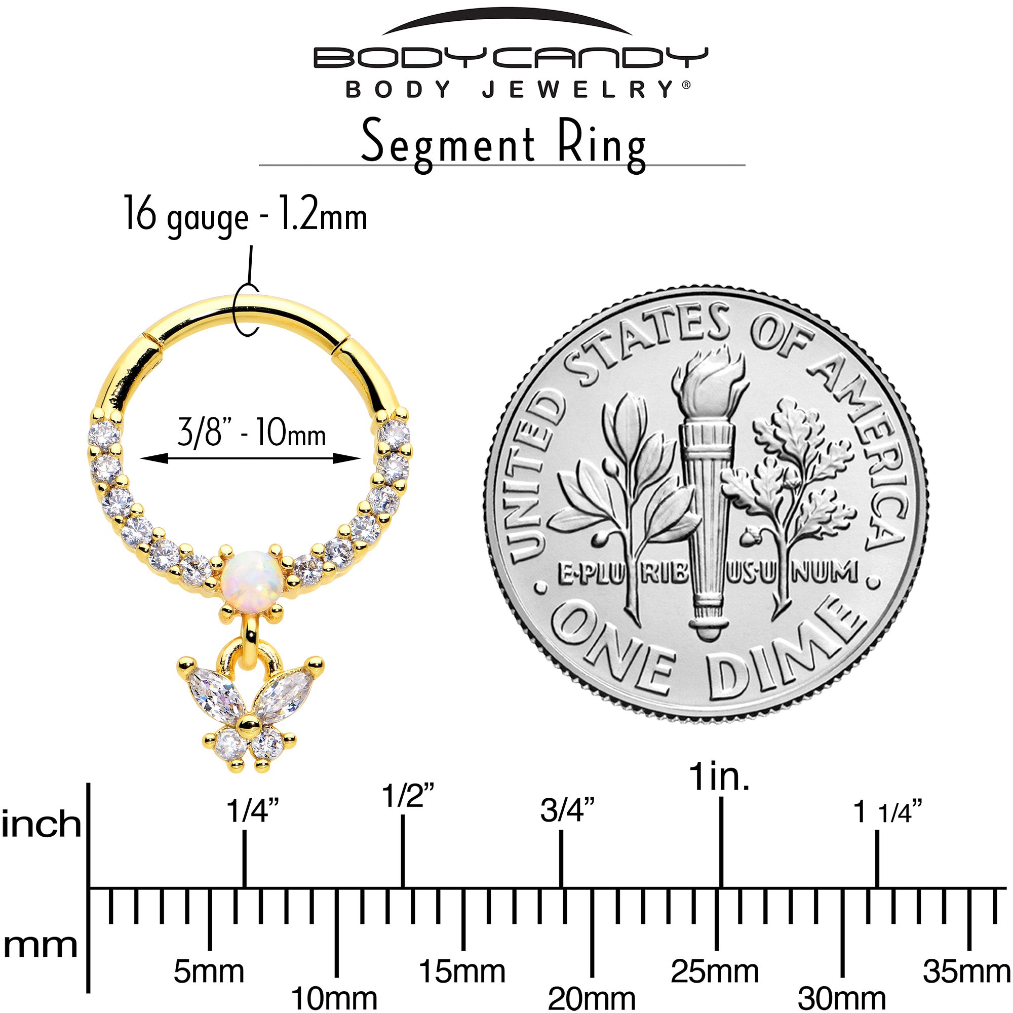 16G 3/8 White Synthetic Opal Gold Tone Butterfly Hinged Segment Ring