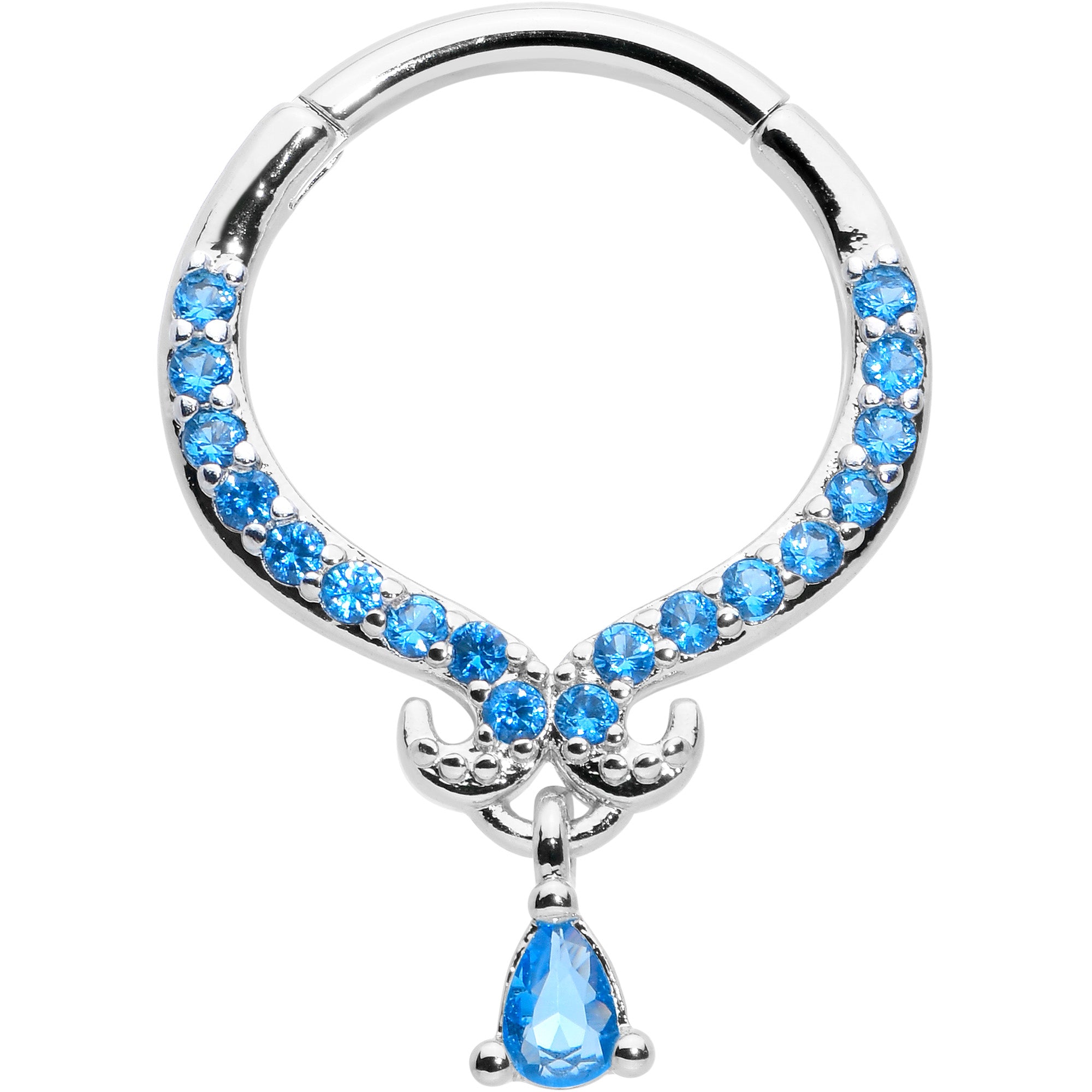 16G 3/8 Blue CZ Gem Elegant Curves Dangle Hinged Segment Ring