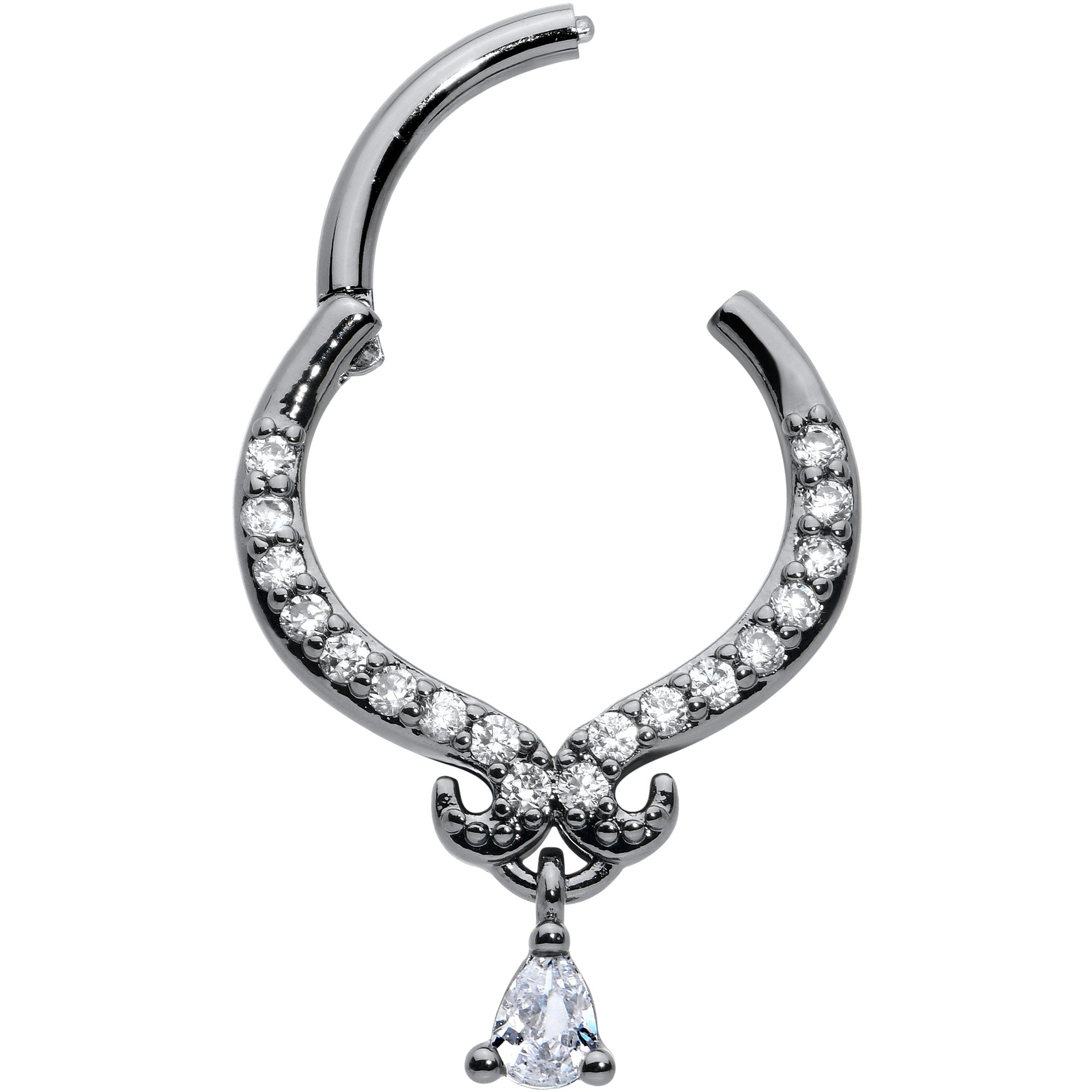 16G 3/8 Clear CZ Gem Black Elegant Curves Hinged Segment Ring