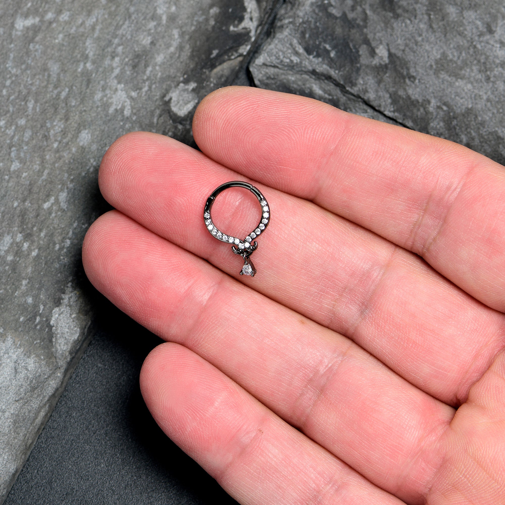 16G 3/8 Clear CZ Gem Black Elegant Curves Hinged Segment Ring