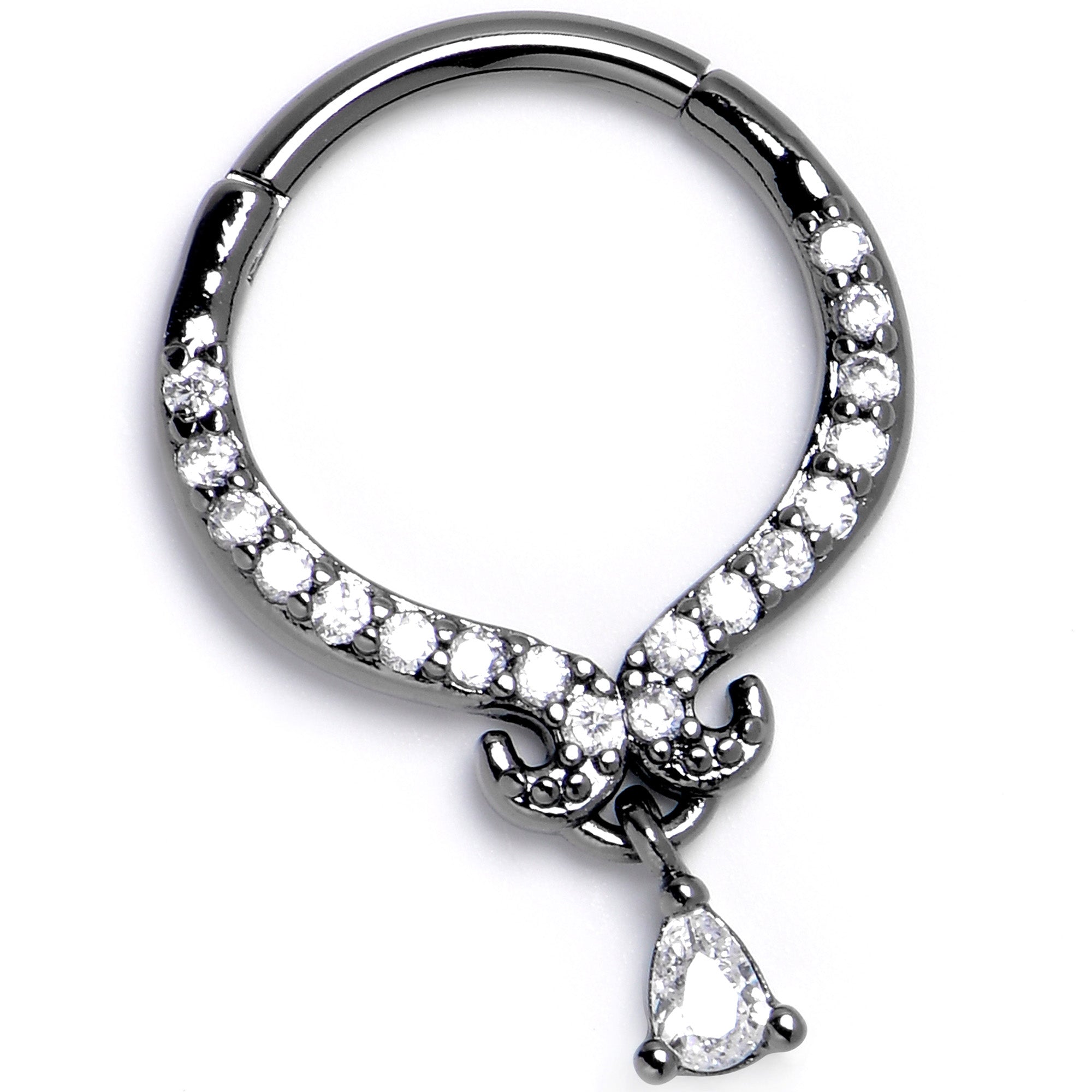 16G 3/8 Clear CZ Gem Black Elegant Curves Hinged Segment Ring