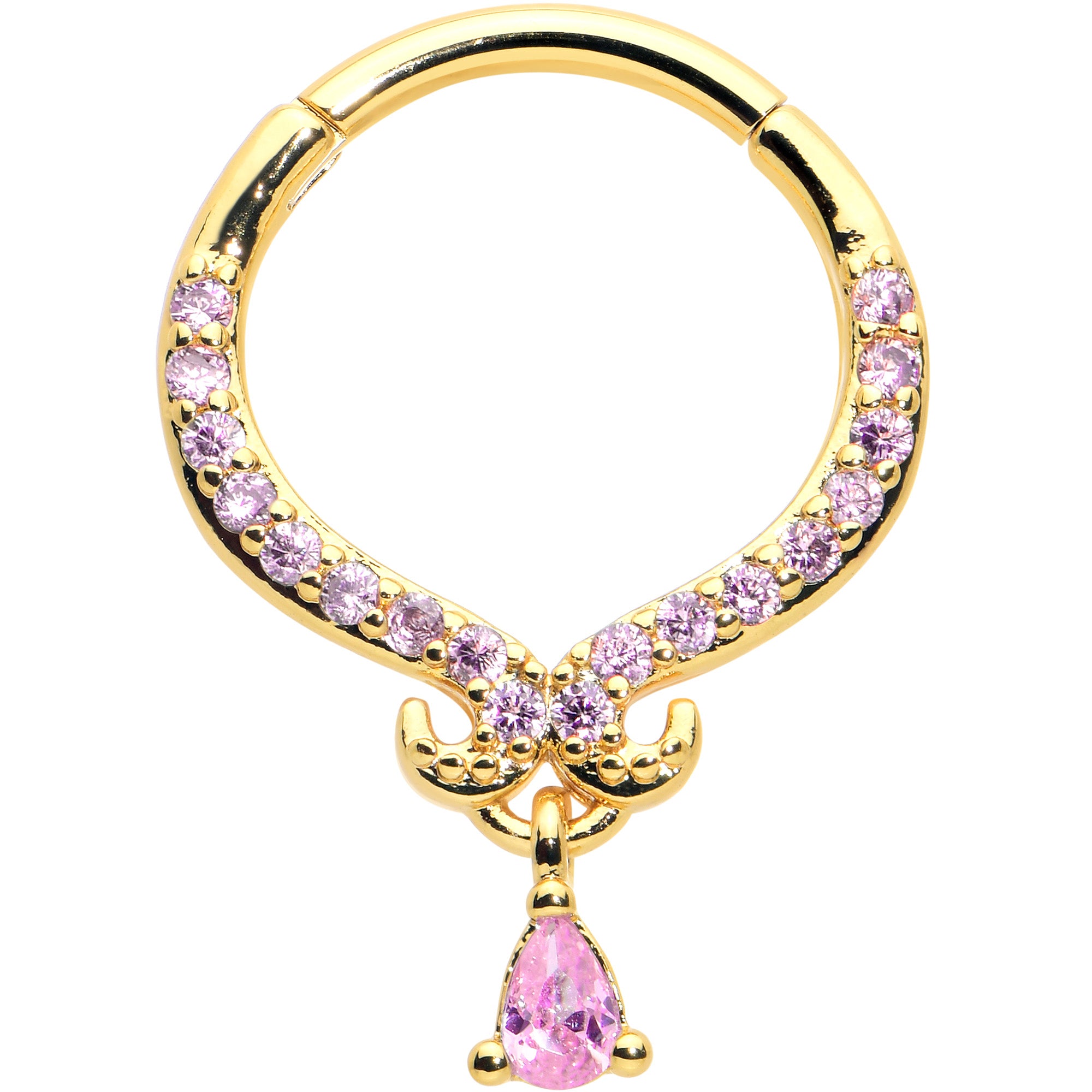 16G 3/8 Pink CZ Gem Gold Tone Elegant Curves Hinged Segment Ring