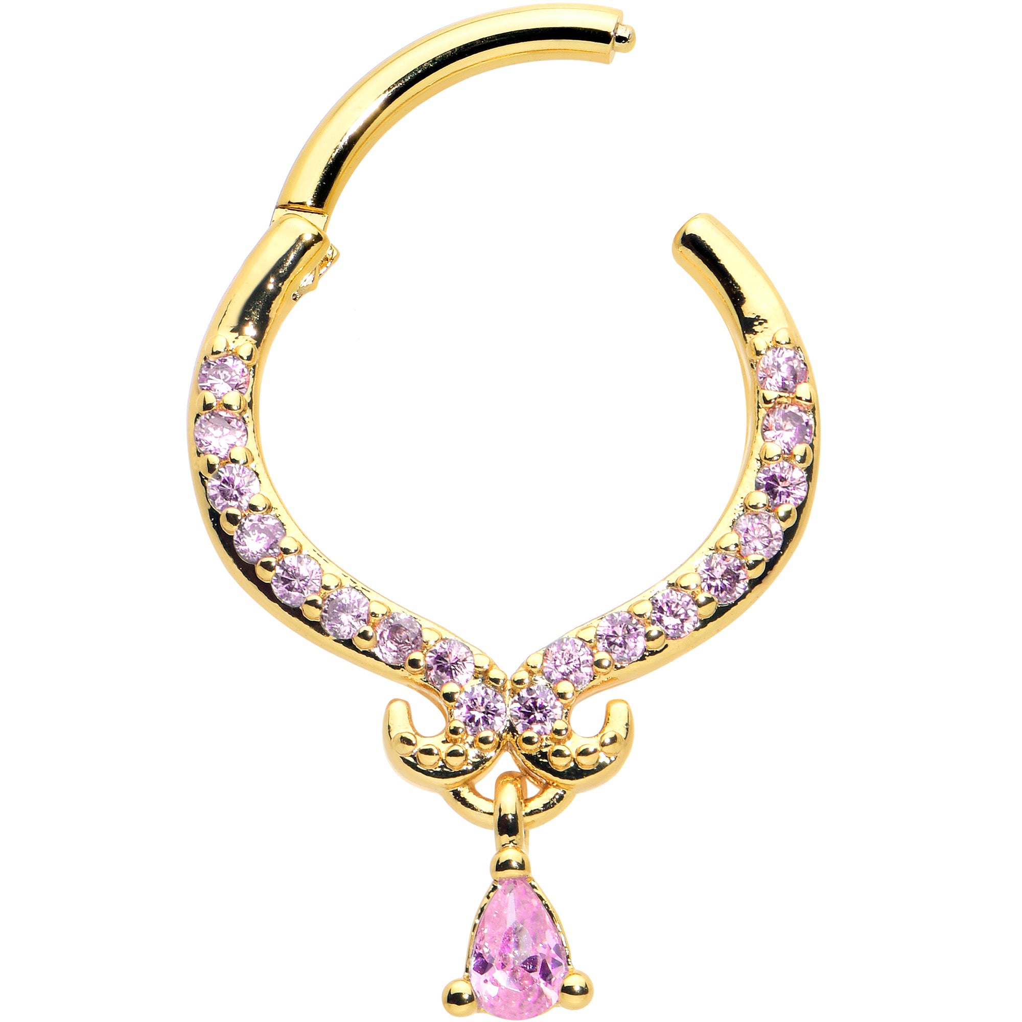 16G 3/8 Pink CZ Gem Gold Tone Elegant Curves Hinged Segment Ring