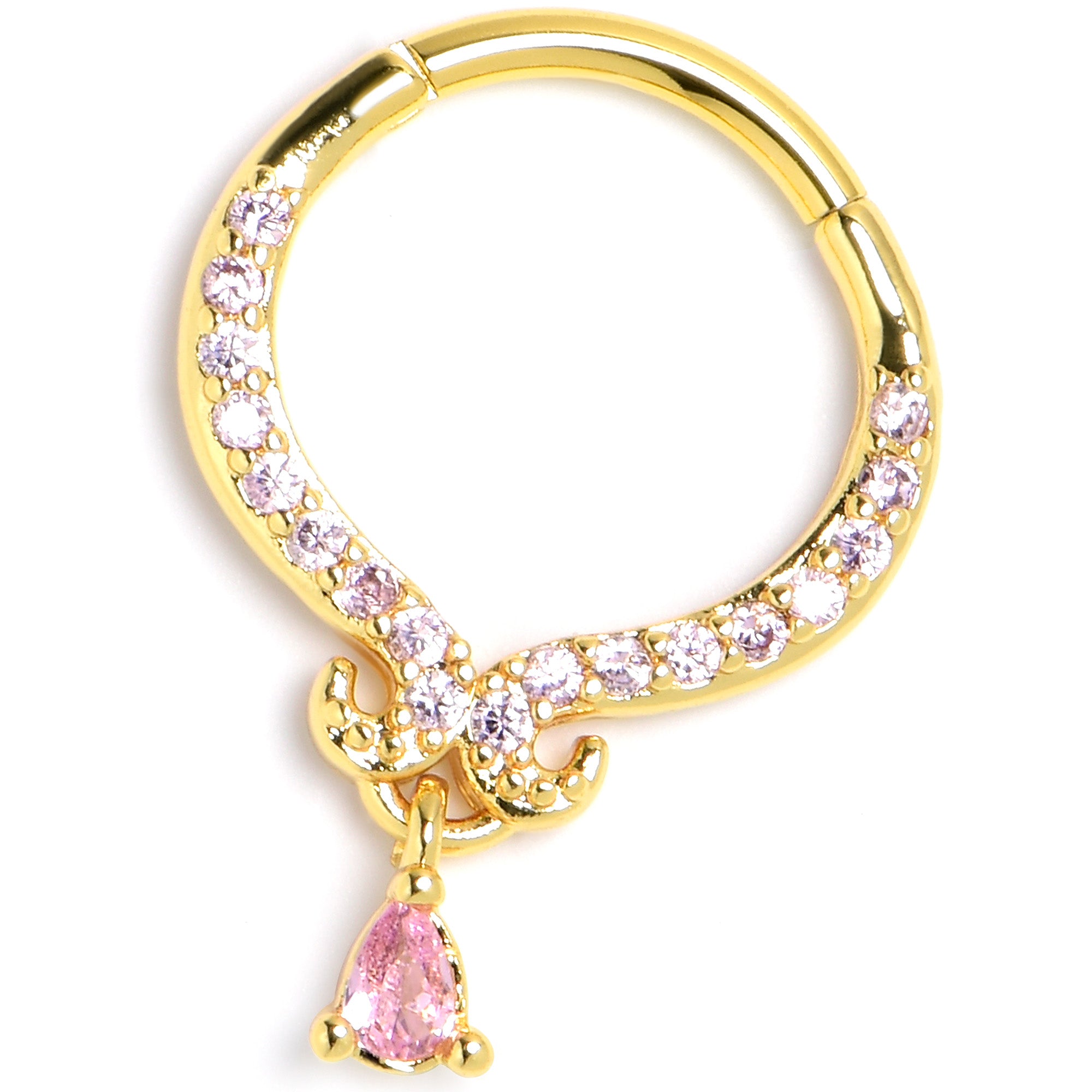 16G 3/8 Pink CZ Gem Gold Tone Elegant Curves Hinged Segment Ring