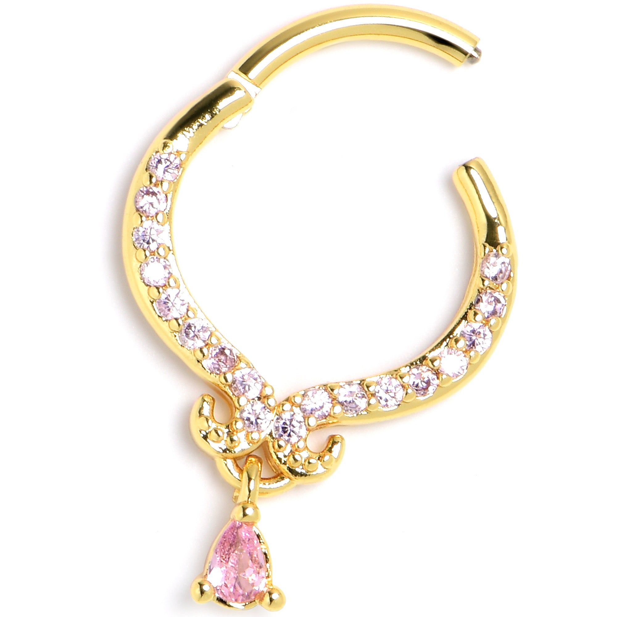 16G 3/8 Pink CZ Gem Gold Tone Elegant Curves Hinged Segment Ring