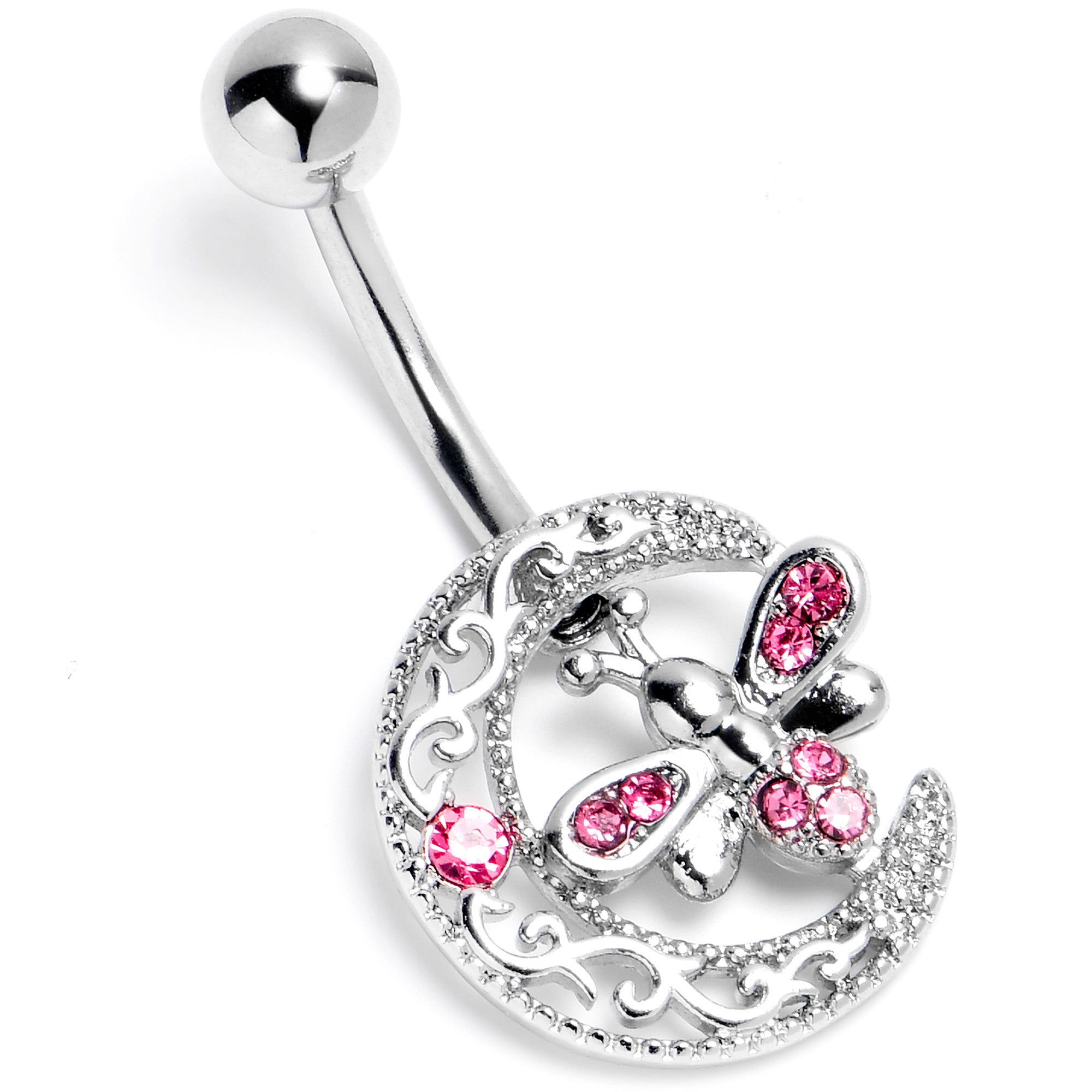 Pink Gem Lunar Dragonfly Belly Ring