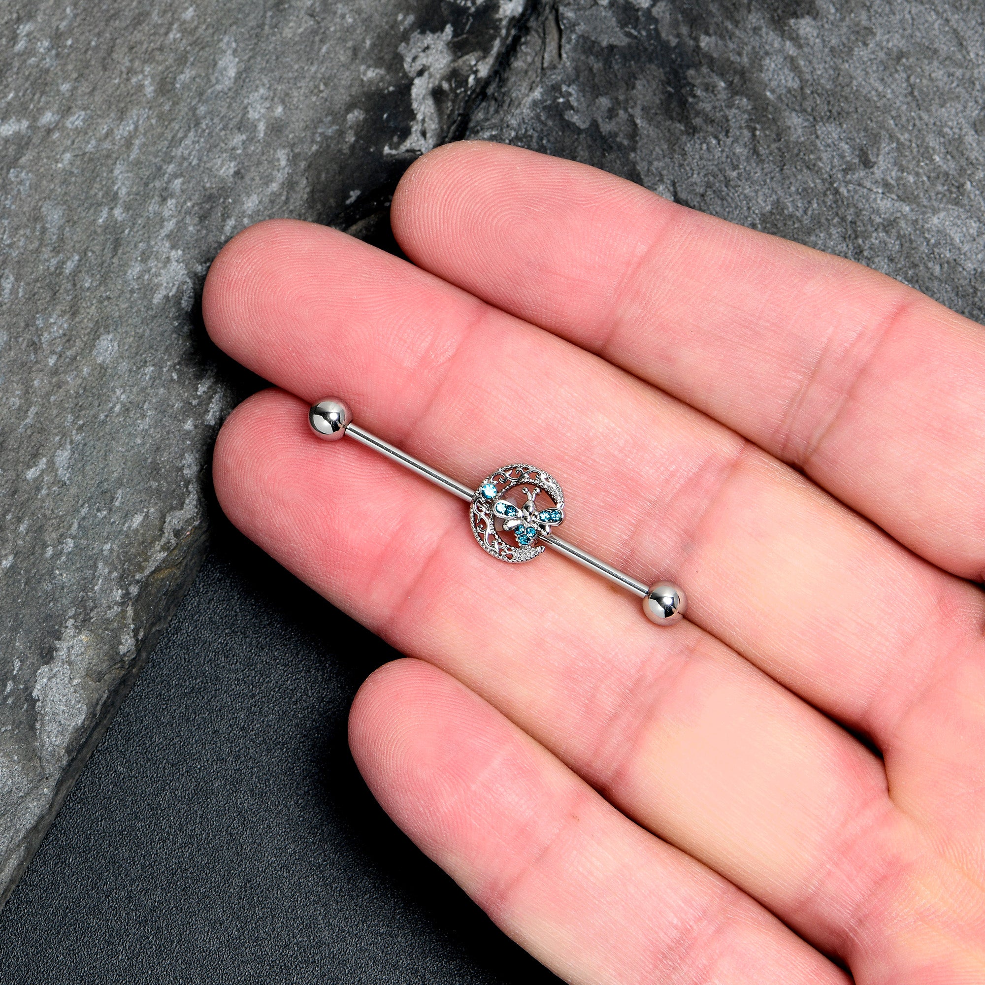 14G Blue Gem Lunar Dragonfly Industrial Barbell 38mm