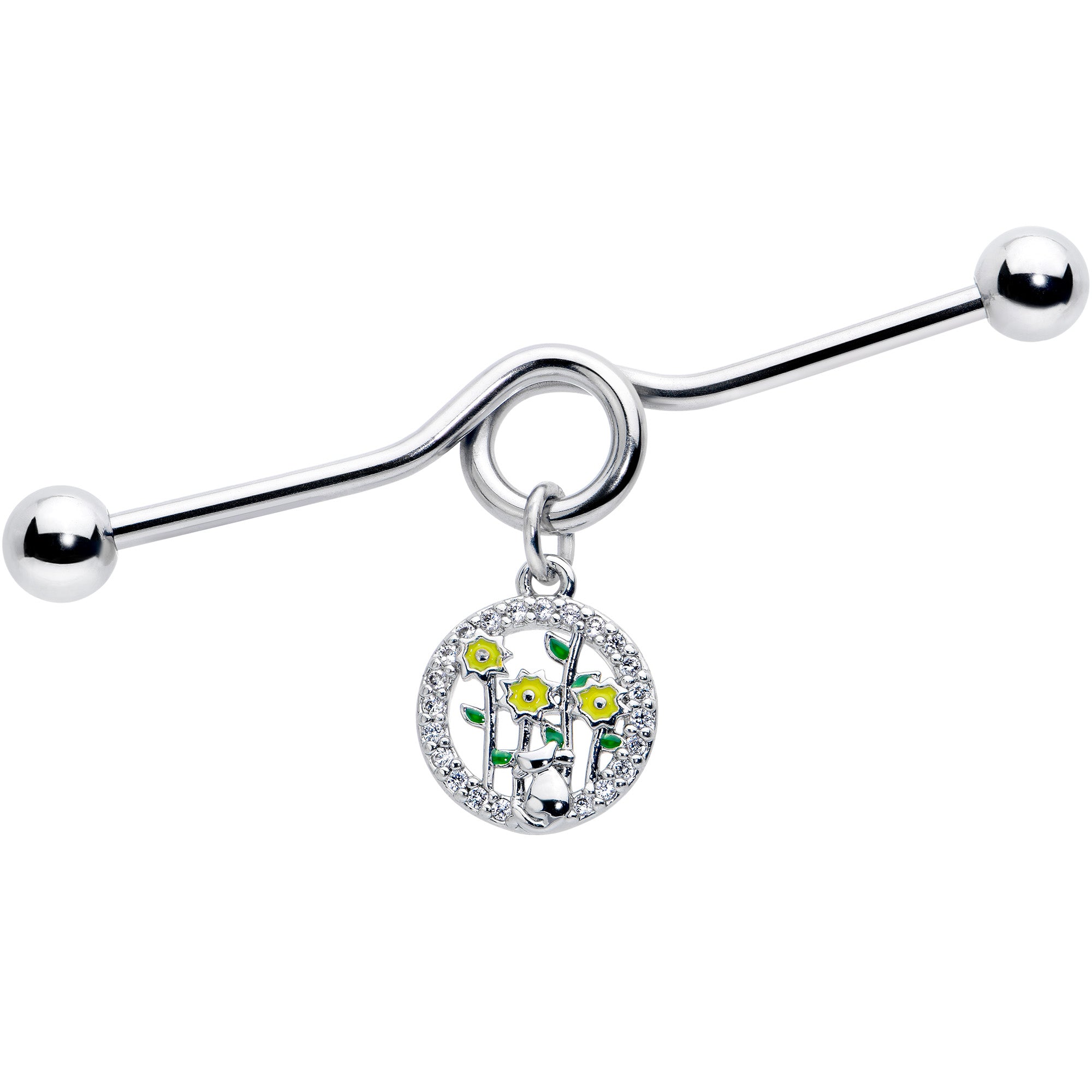 14G Clear Gem Cat Yellow Flowers Dangle Project Bar 38mm