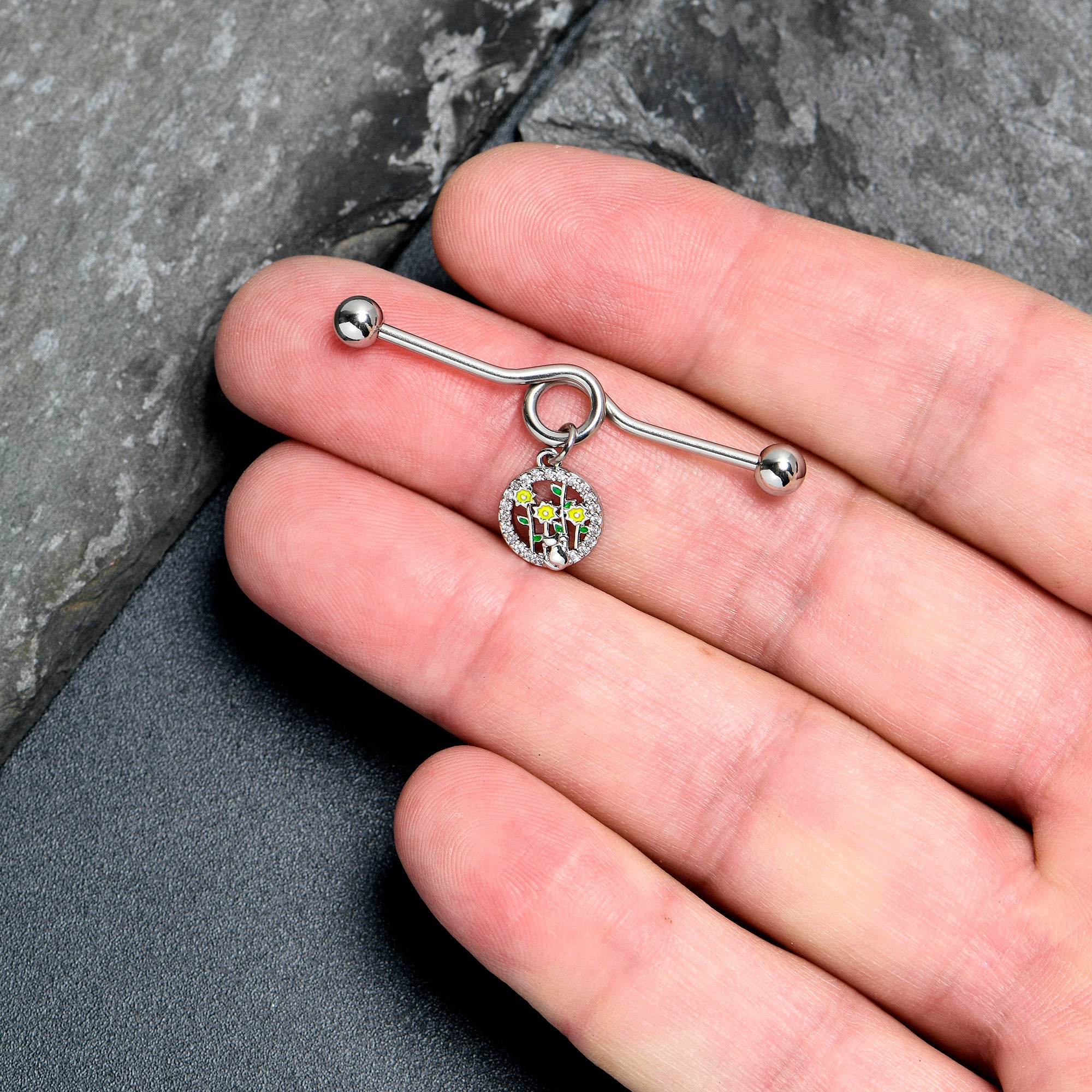 14G Clear Gem Cat Yellow Flowers Dangle Project Bar 38mm