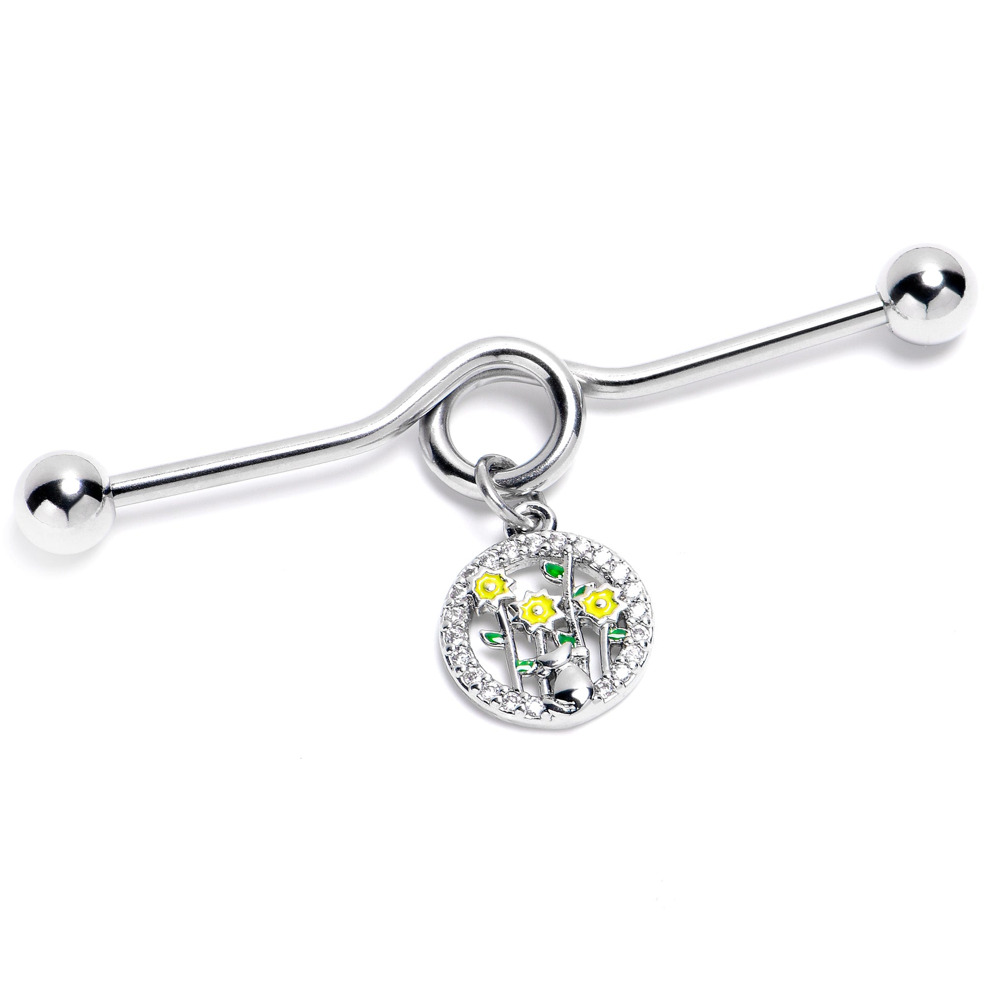 14G Clear Gem Cat Yellow Flowers Dangle Project Bar 38mm