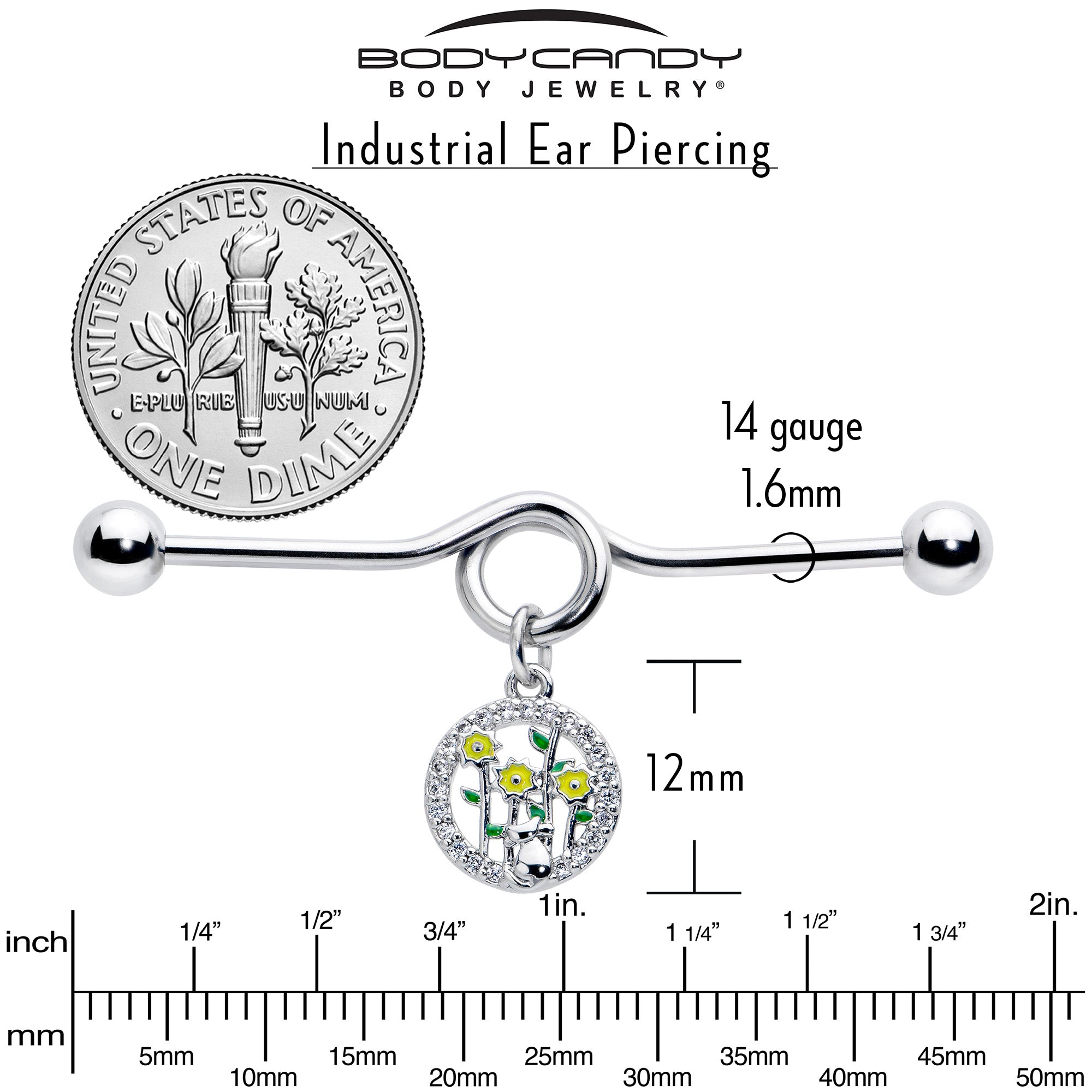 14G Clear Gem Cat Yellow Flowers Dangle Project Bar 38mm