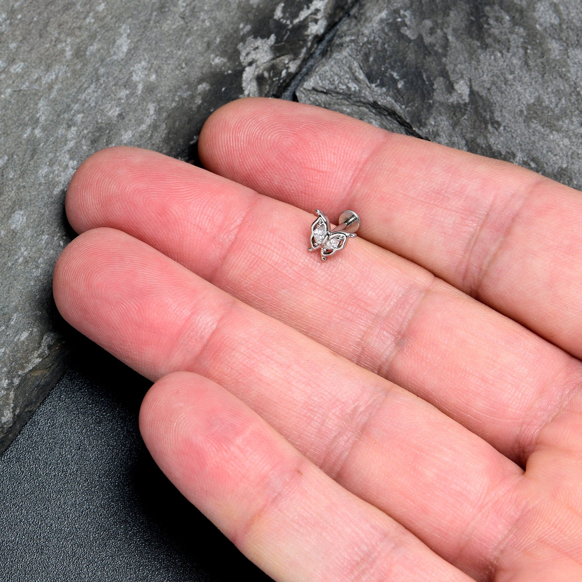 16G 5/16 Clear Gem Fancy Fab Butterfly Internally Threaded Labret