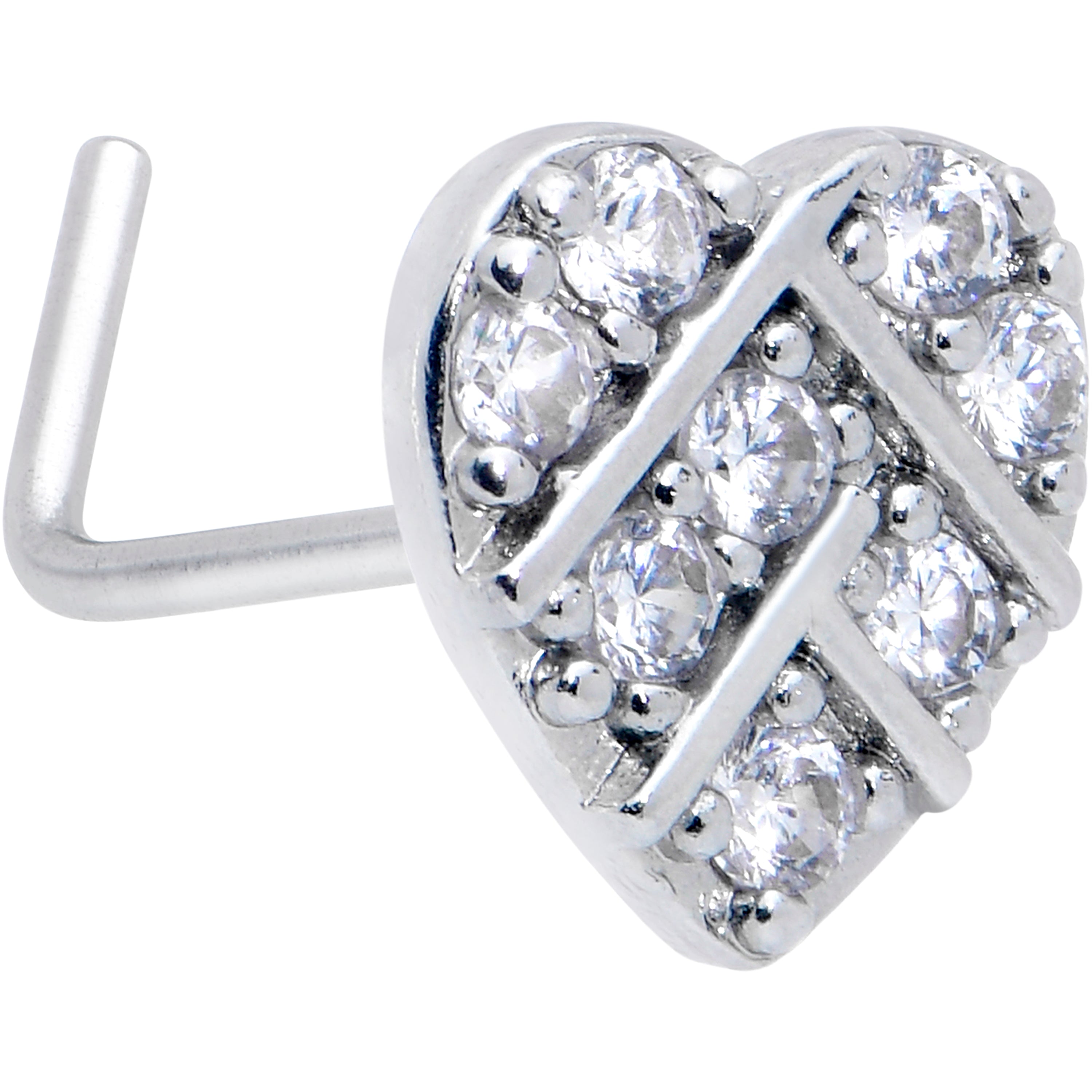 20G 7mm Clear CZ Gem Lattice Heart L Shape Nose Ring