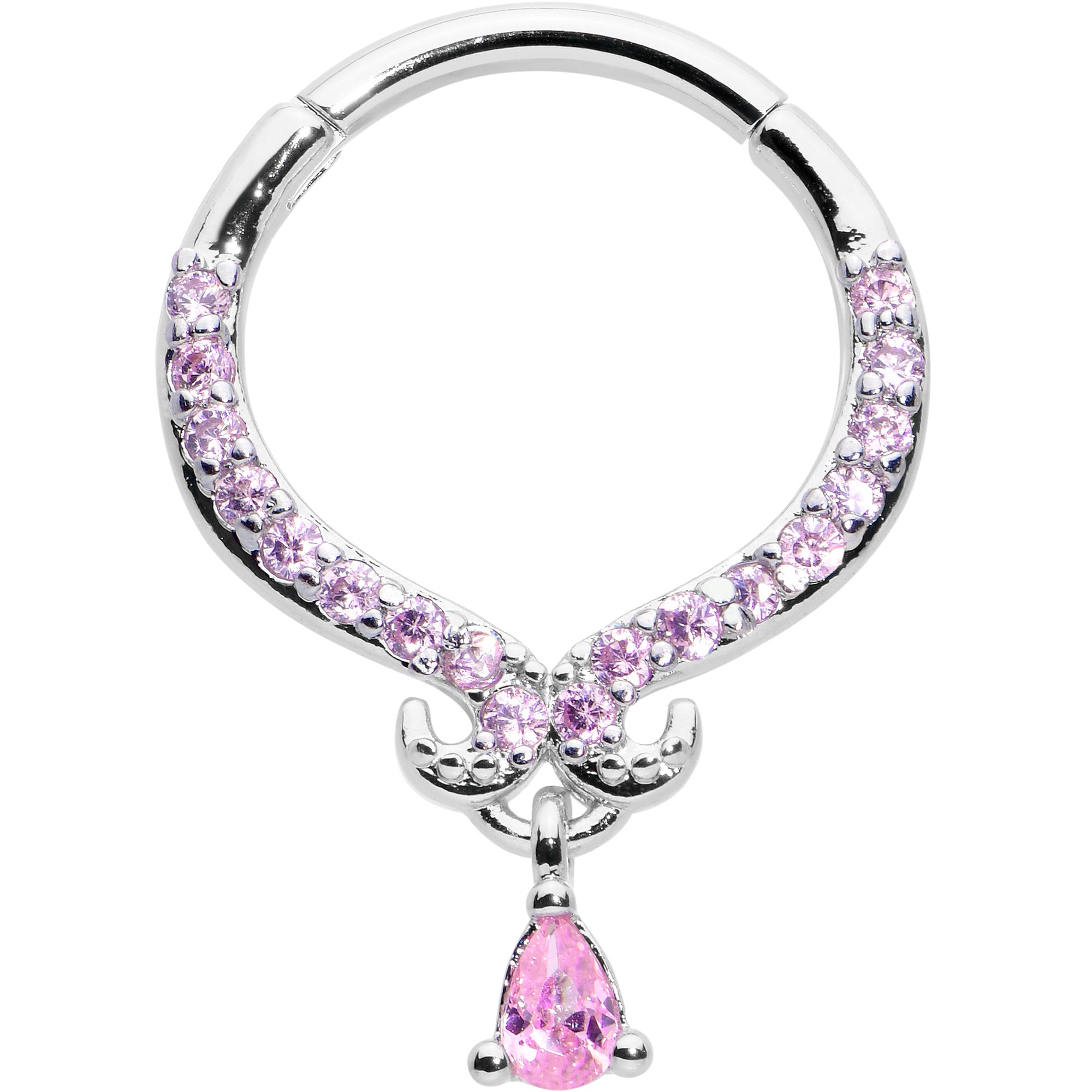 16G 3/8 Pink CZ Gem Elegant Curves Dangle Hinged Segment Ring