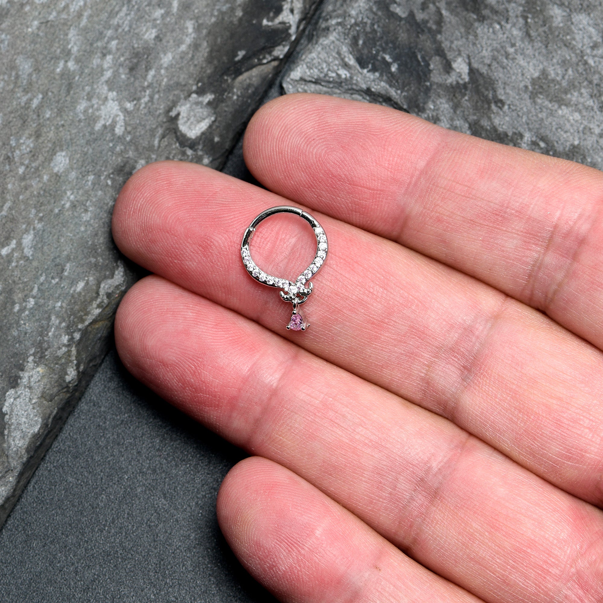 16G 3/8 Pink CZ Gem Elegant Curves Dangle Hinged Segment Ring