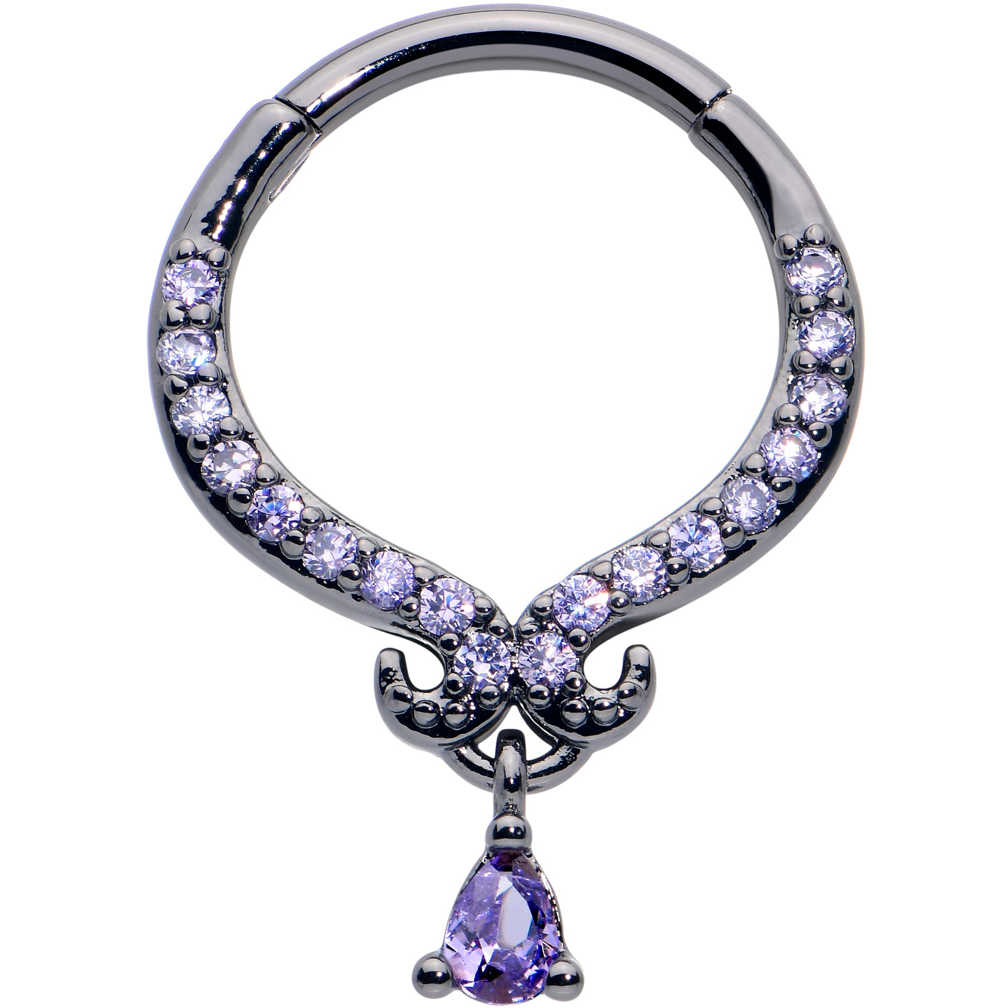 16G 3/8 Purple CZ Gem Black Elegant Curves Dangle Hinged Segment Ring