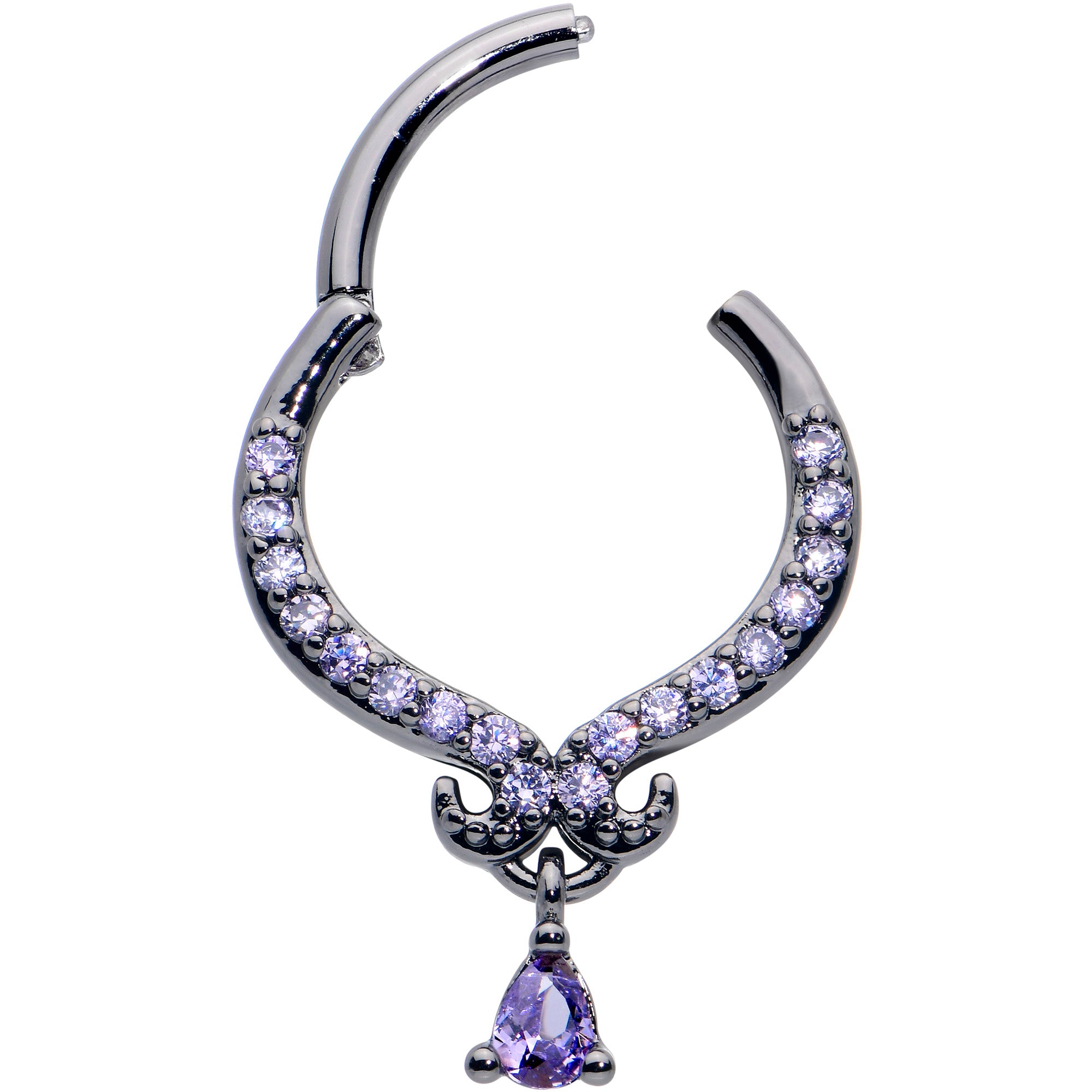 16G 3/8 Purple CZ Gem Black Elegant Curves Dangle Hinged Segment Ring