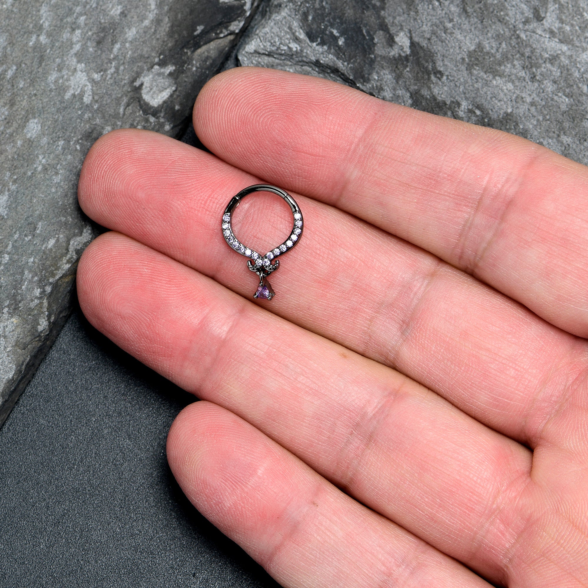 16G 3/8 Purple CZ Gem Black Elegant Curves Dangle Hinged Segment Ring