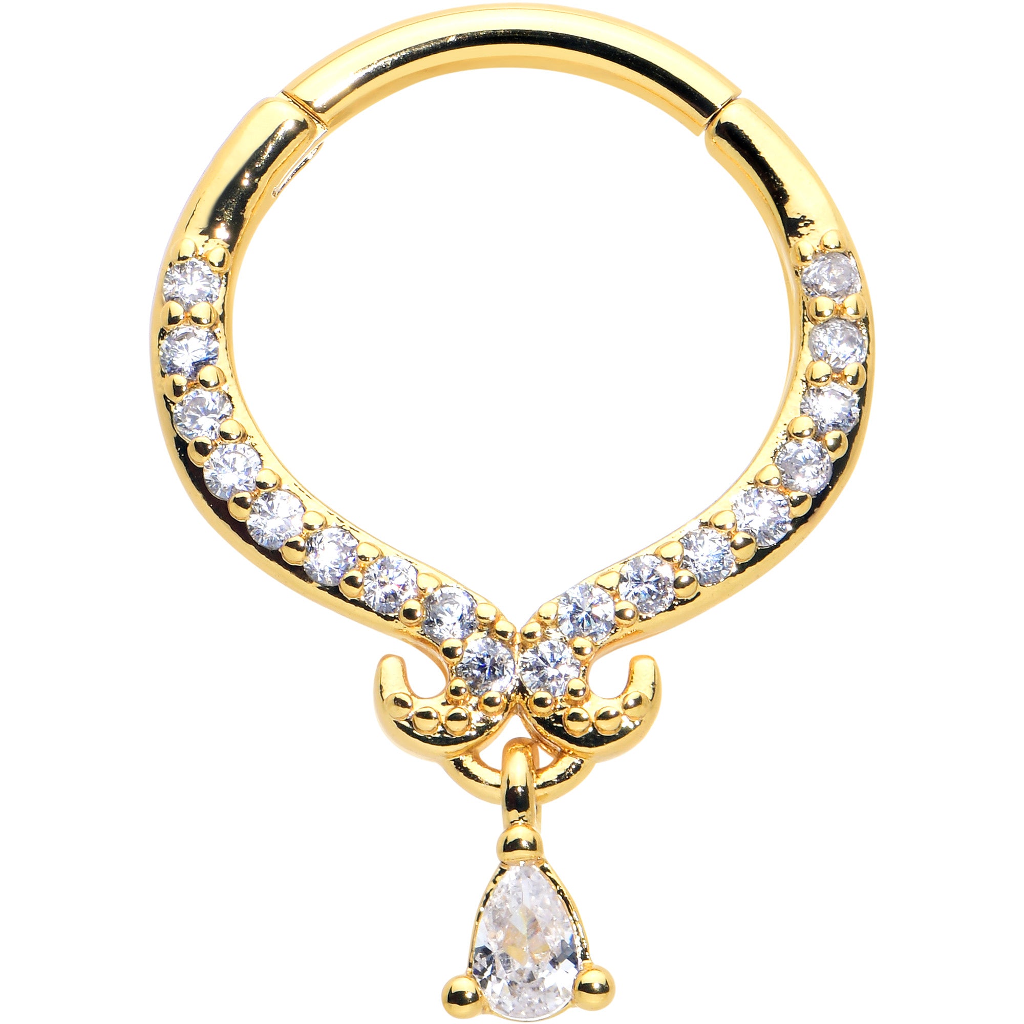 16G 3/8 Clear CZ Gem Gold Hue Elegant Curves Dangle Hinged Segment Ring