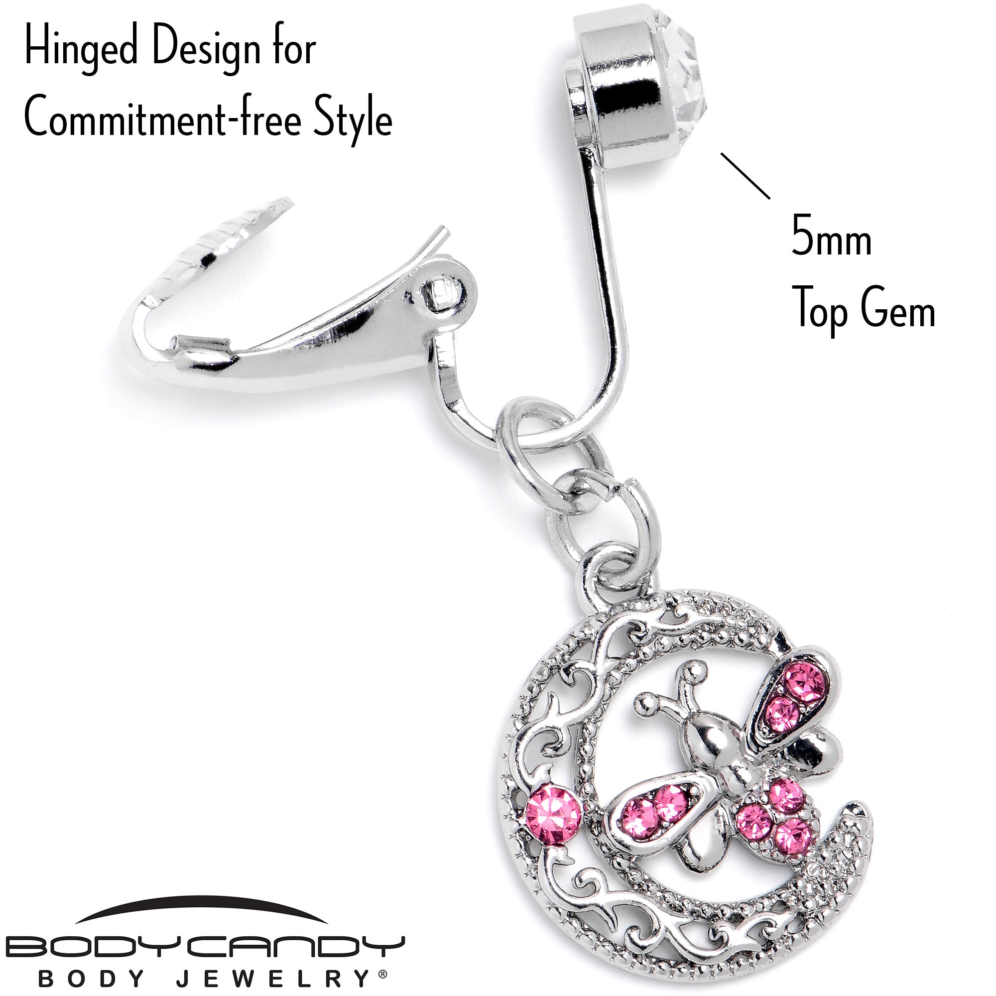 Pink Gem Lunar Dragonfly Fake Clip On Belly Ring