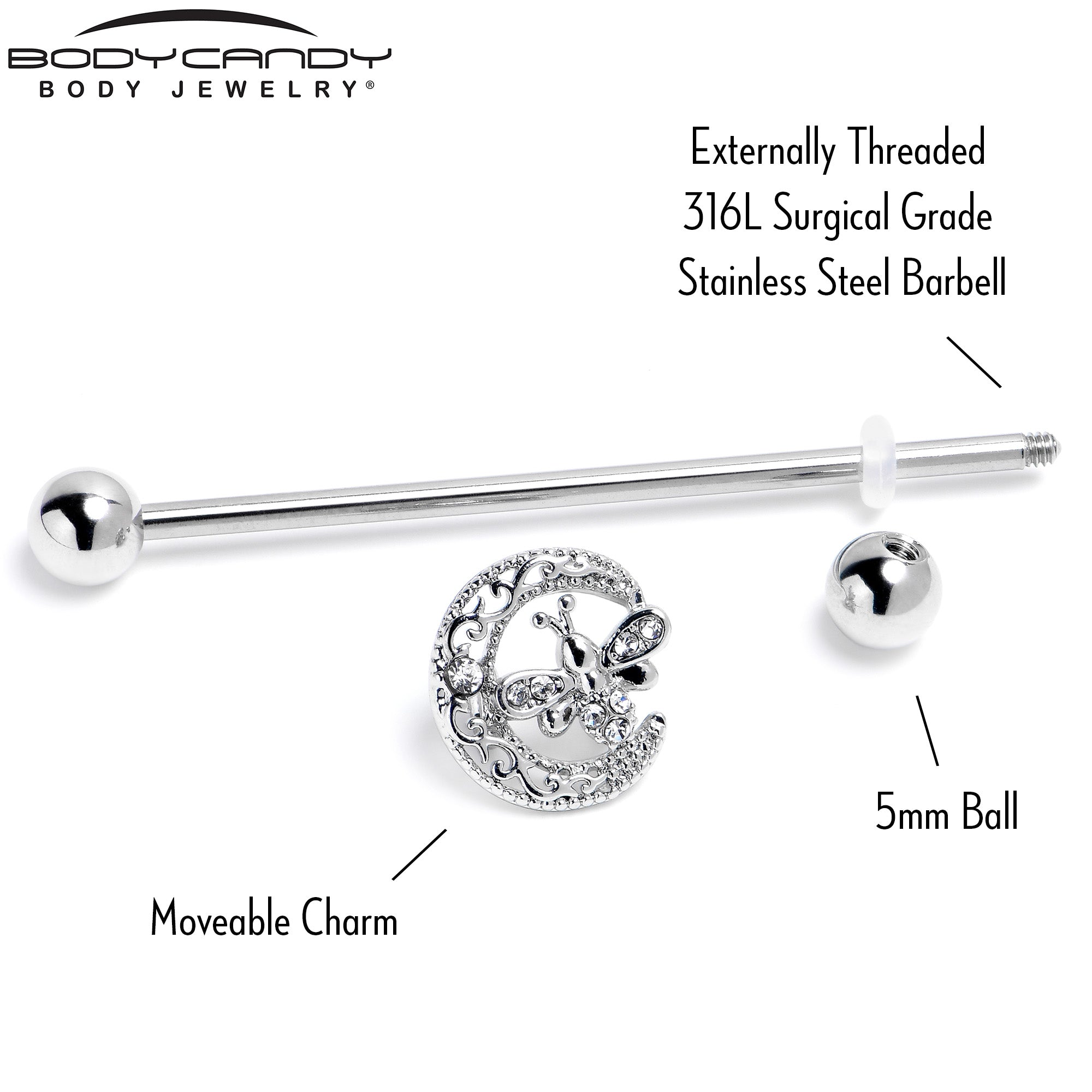 14G Clear Gem Lunar Dragonfly Industrial Barbell 38mm