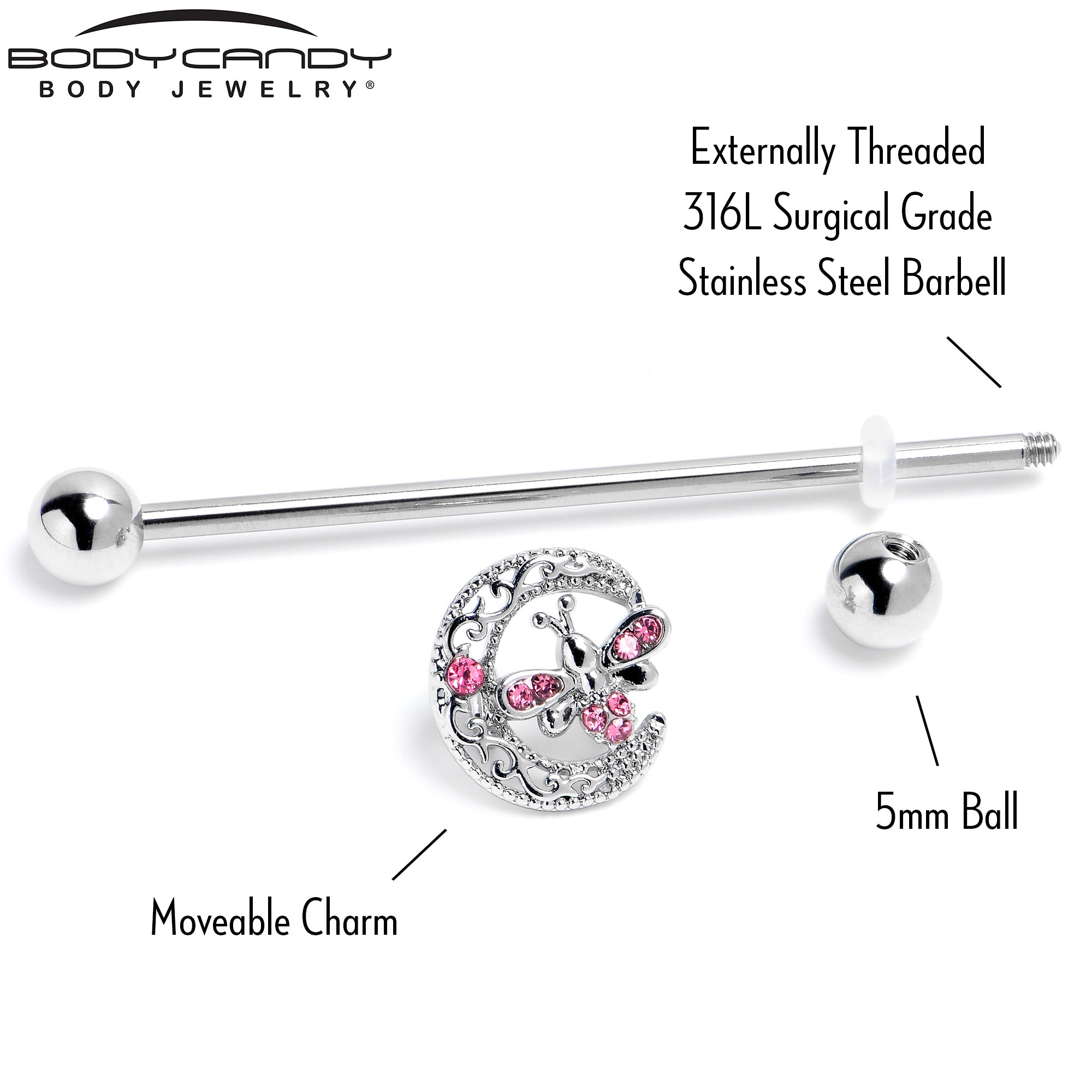 14G Pink Gem Lunar Dragonfly Industrial Barbell 38mm