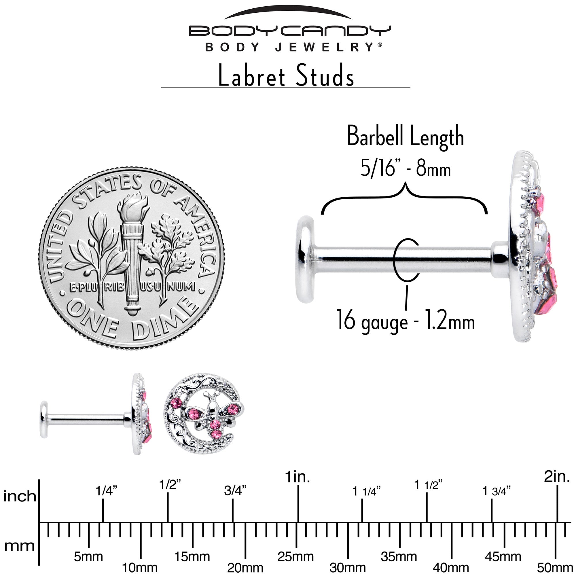 16G 5/16 Pink Gem Lunar Dragonfly Internally Threaded Labret Tragus