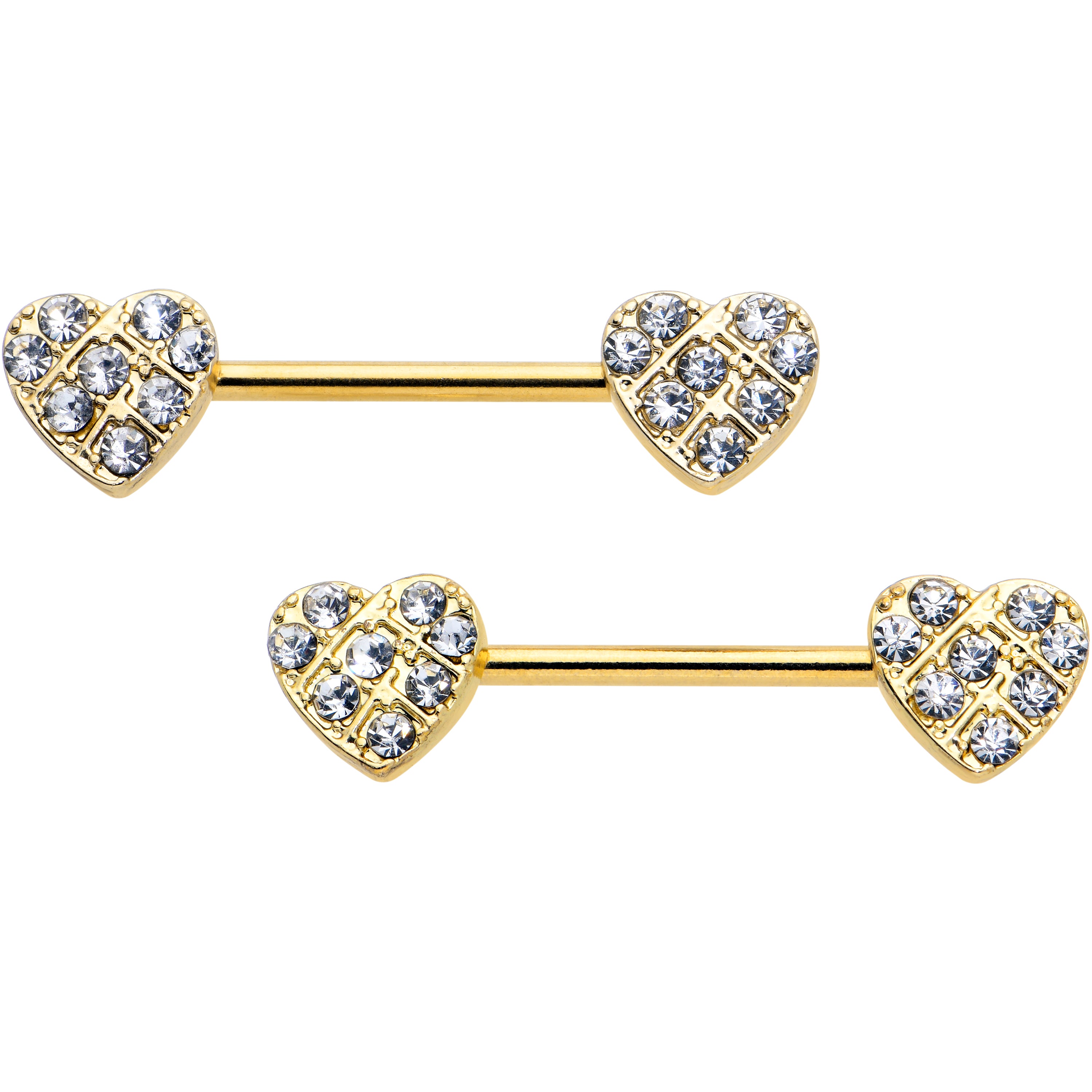 14G 9/16 Clear CZ Gem Gold Tone Lattice Heart Barbell Nipple Ring Set
