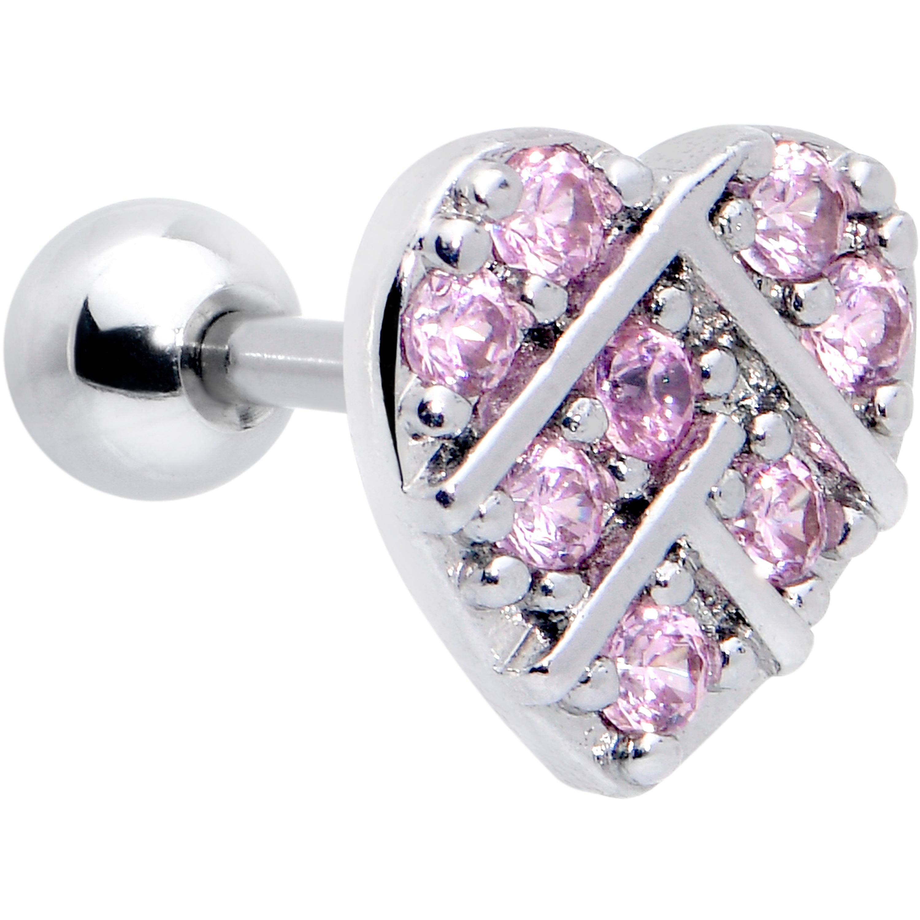 16G 1/4 Pink CZ Gem Lattice Heart Cartilage Tragus Earring
