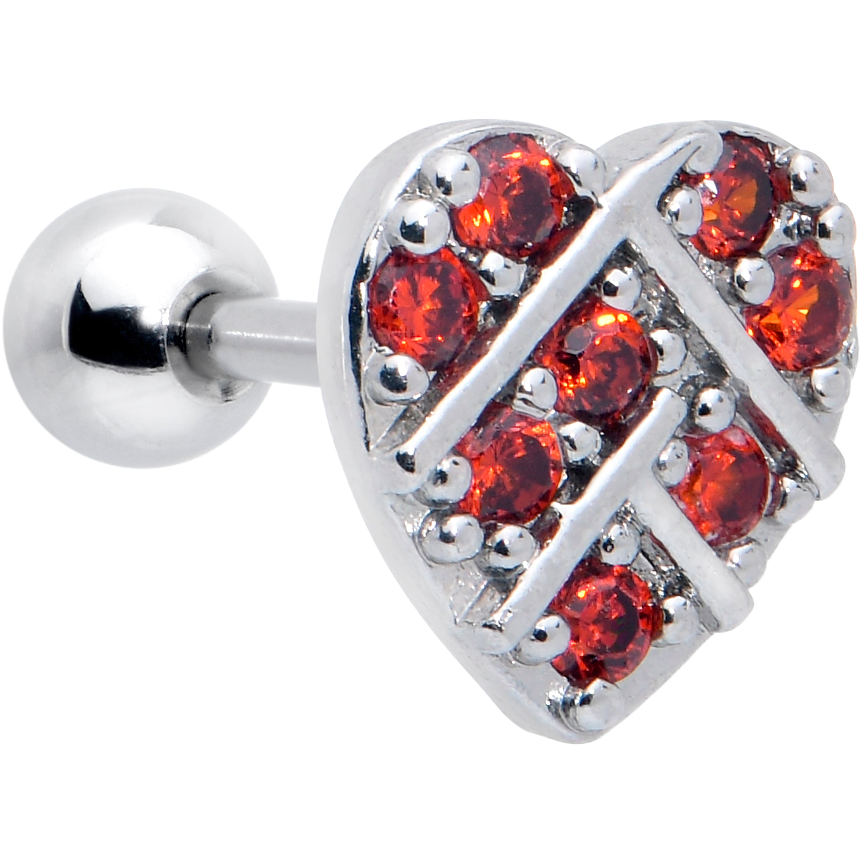 16G 1/4 Red CZ Gem Lattice Heart Cartilage Tragus Earring