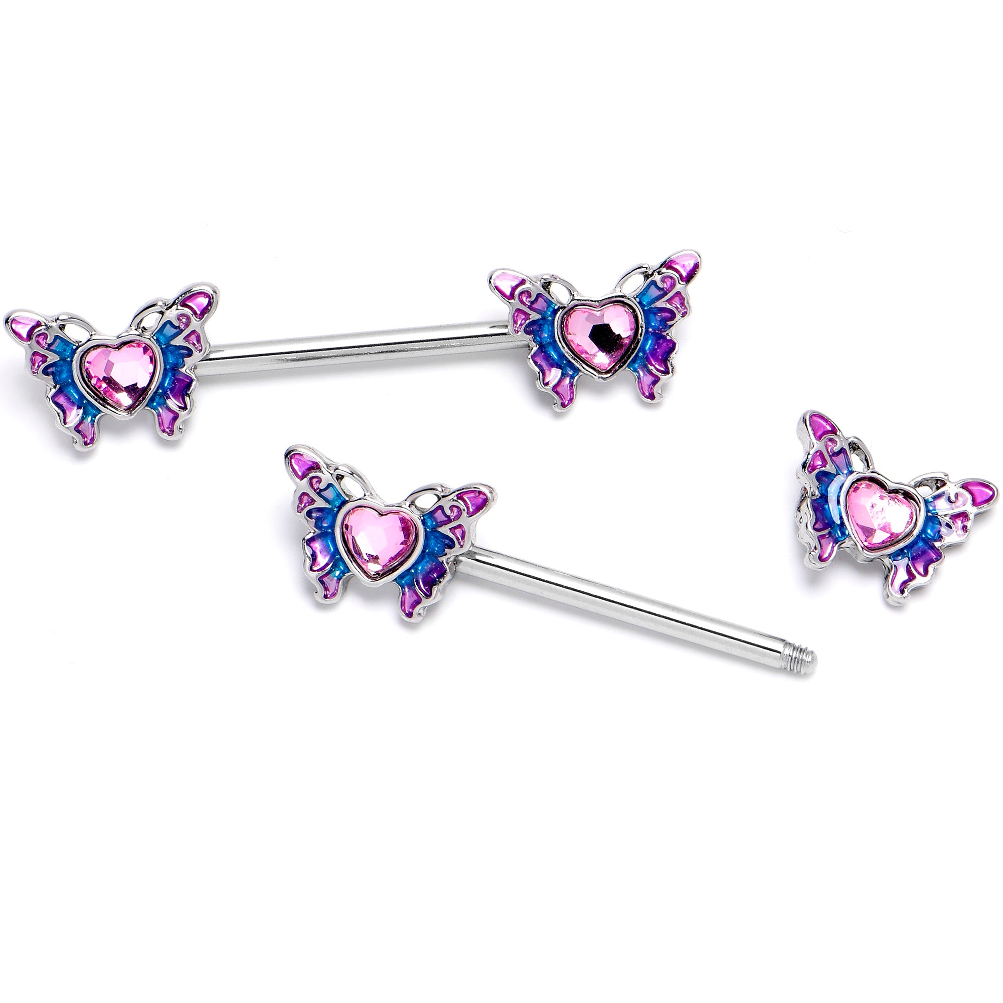 14G 9/16 Pink Gem Heart Butterfly Purple Barbell Nipple Ring Set