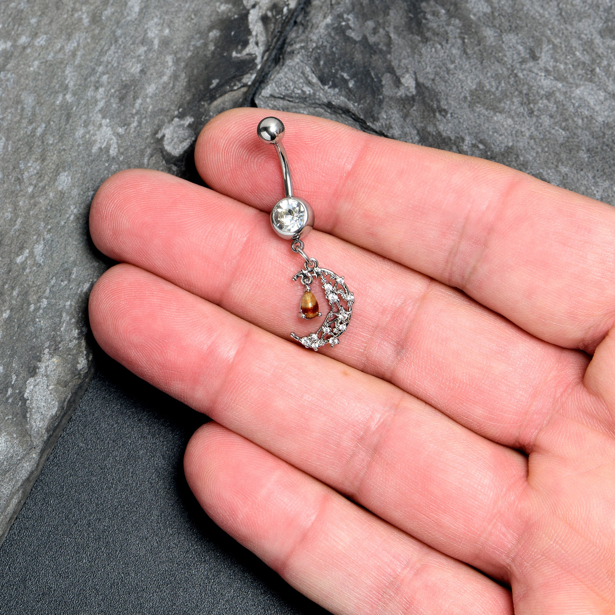 Orange Clear Gem Constellation Moon Dangle Belly Ring